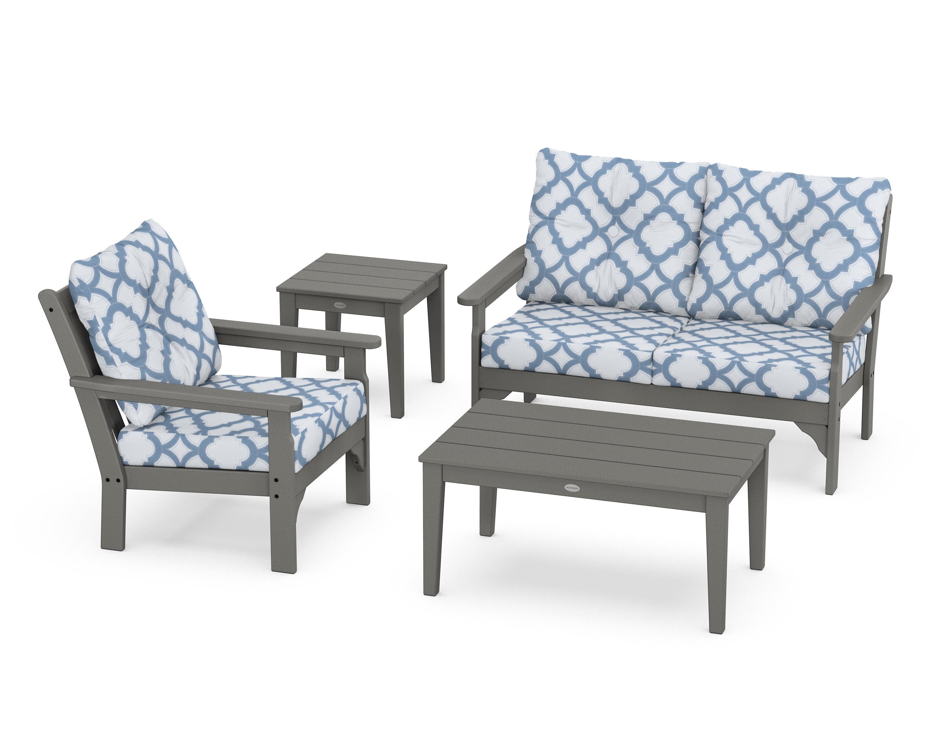 POLYWOOD® Vineyard 4-Piece Deep Seating Set in Slate Grey / Trellis Sky Blue