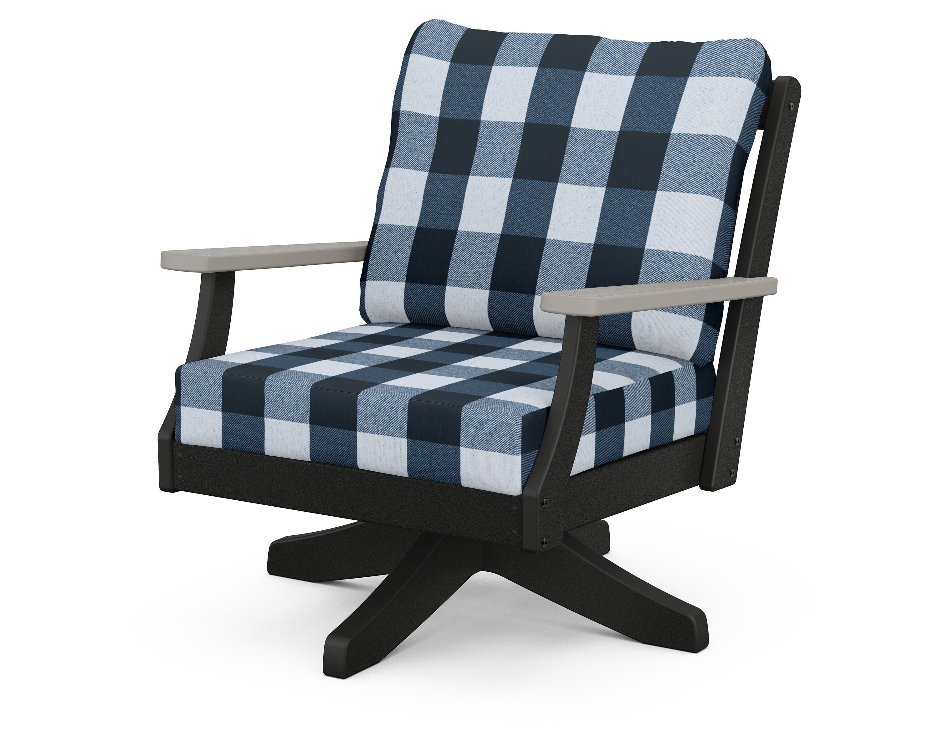 POLYWOOD® Braxton Deep Seating Swivel Chair in Black / Driftwood / Buffalo Plaid Marine Indigo