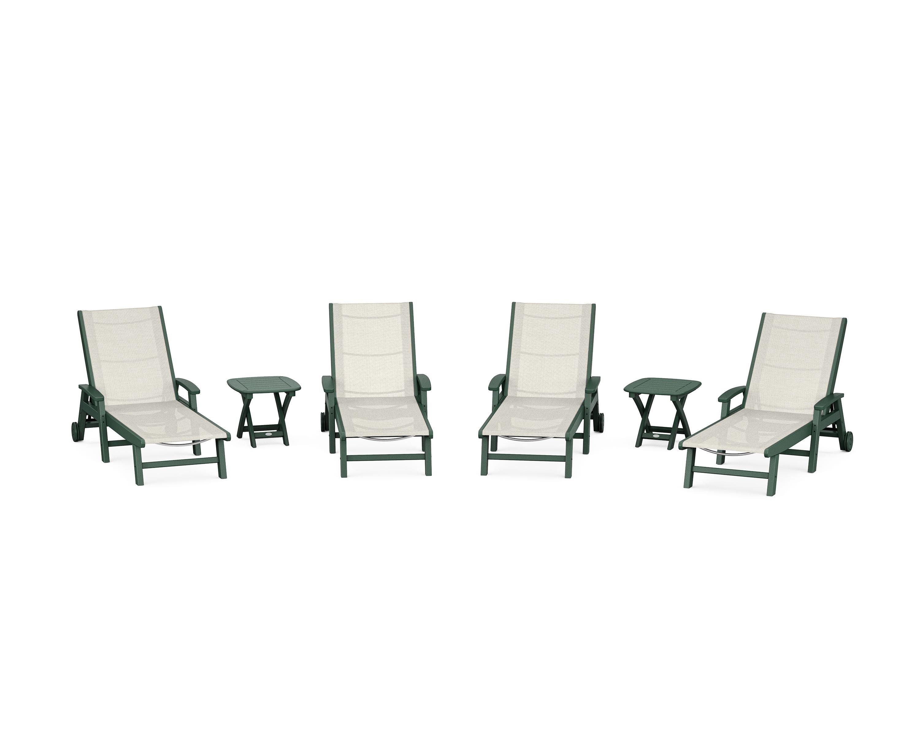 POLYWOOD® Coastal Chaise 6-Piece Set with Wheels in Green / Parchment Sling