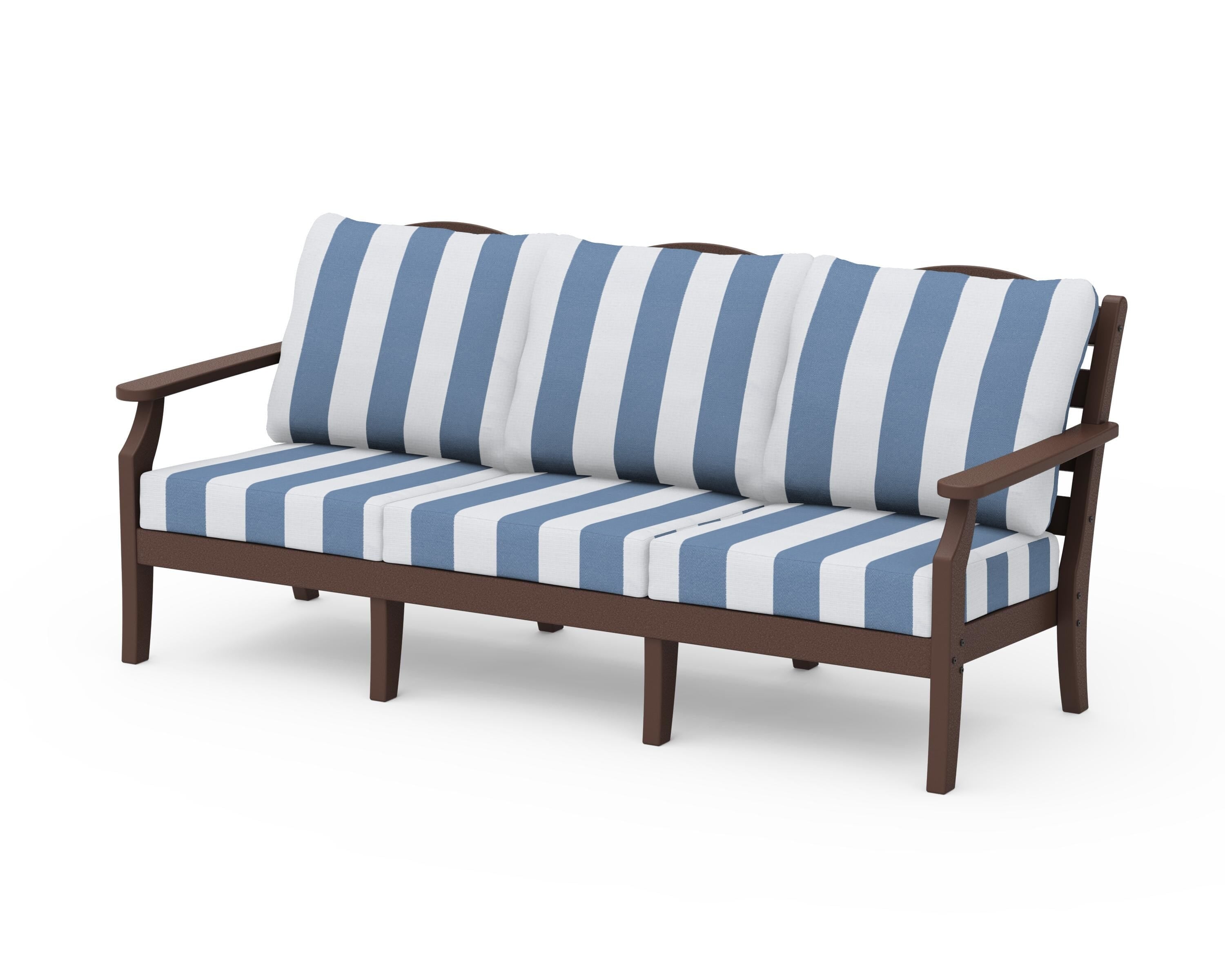 Draper James™ by POLYWOOD® Savannah Deep Seating Sofa in Mahogany / Cabana Stripe Sky Blue