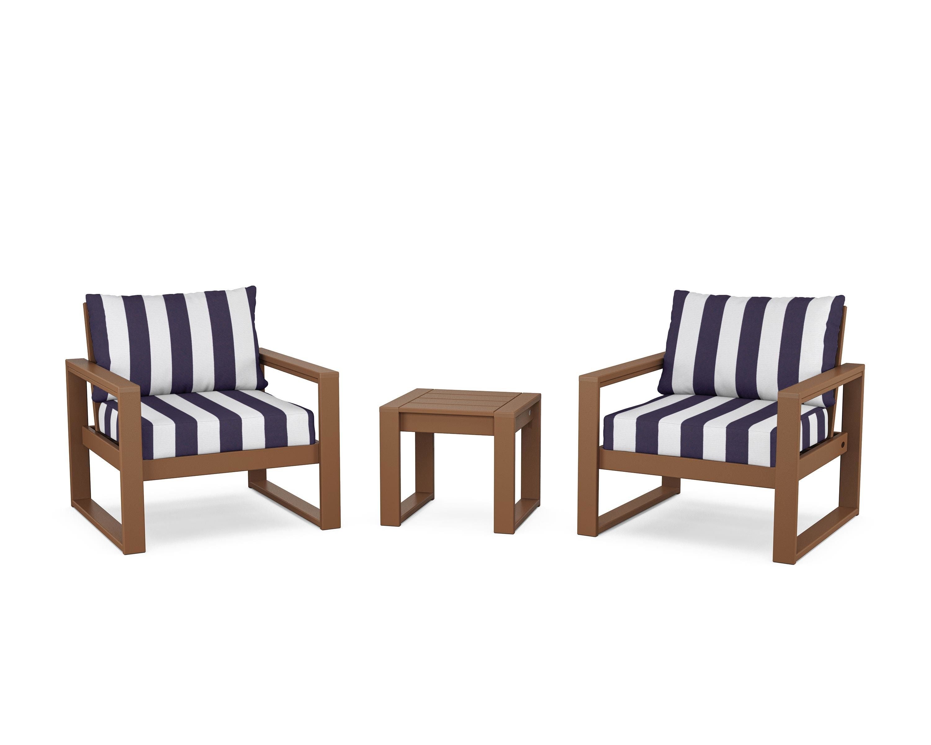 POLYWOOD® EDGE Sectional 3-Piece Deep Seating Set in Teak / Cabana Stripe Navy