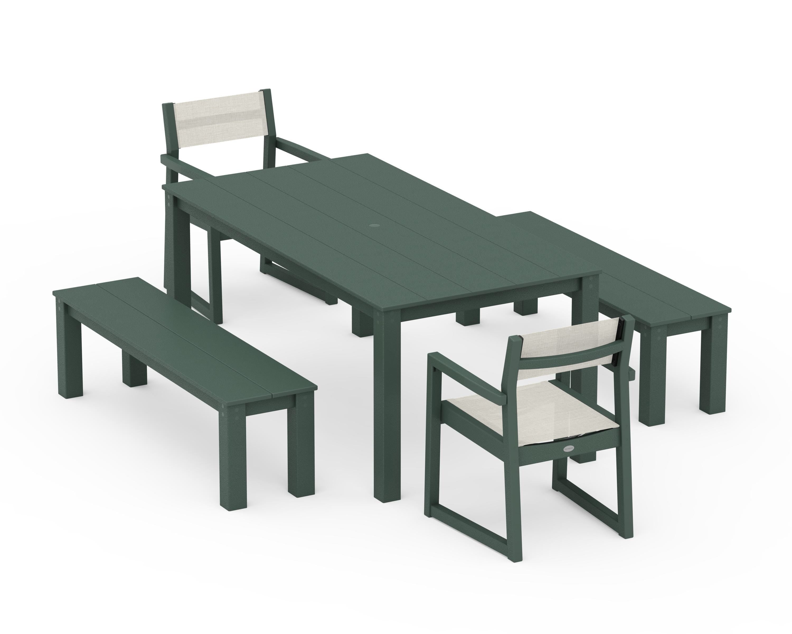 POLYWOOD® EDGE Sling Arm Chair 5-Piece Parsons Dining Set with Benches in Green / Parchment Sling