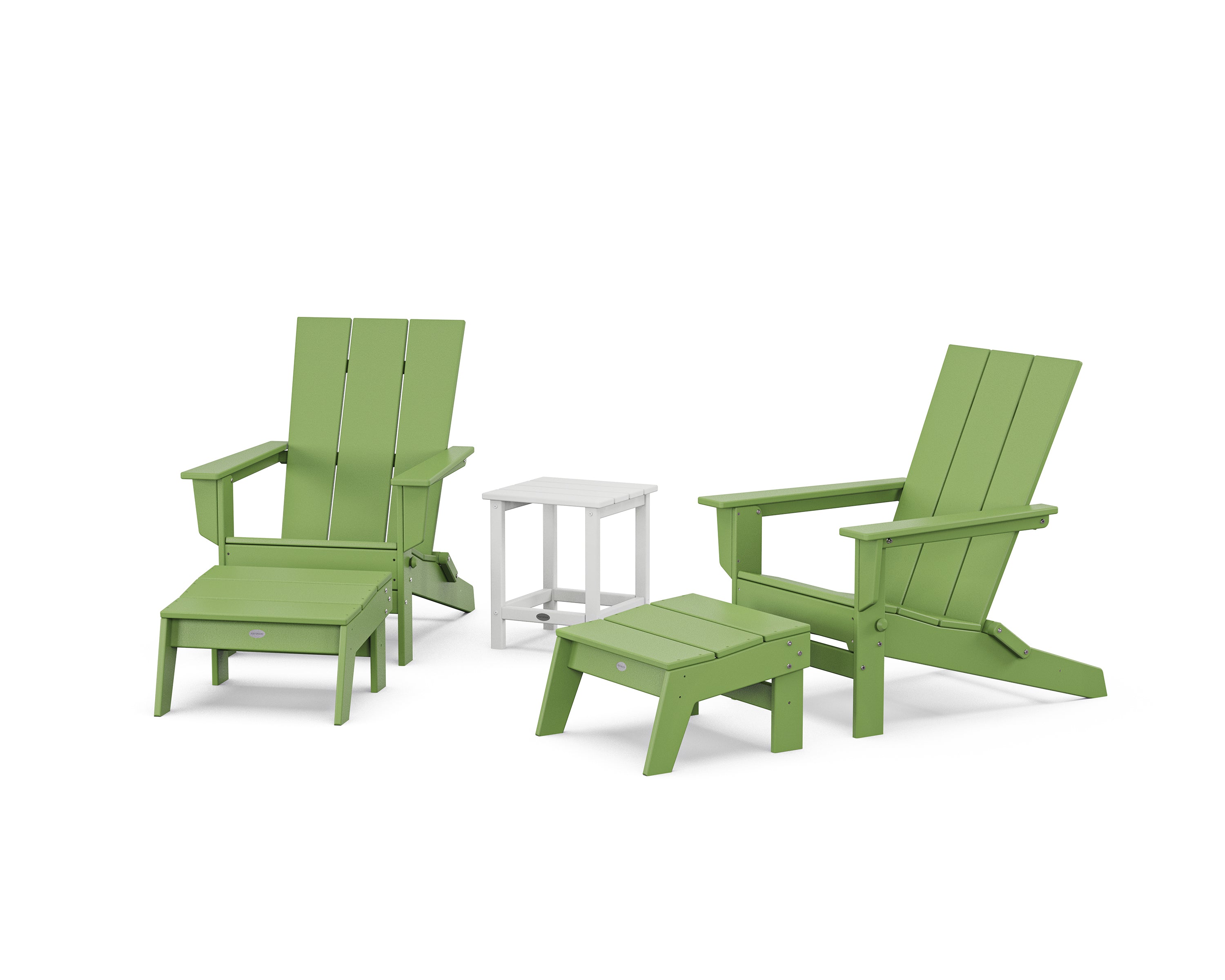 POLYWOOD® 5-Piece Modern Studio Folding Adirondack Set with Ottomans and Side Table in Lime / White