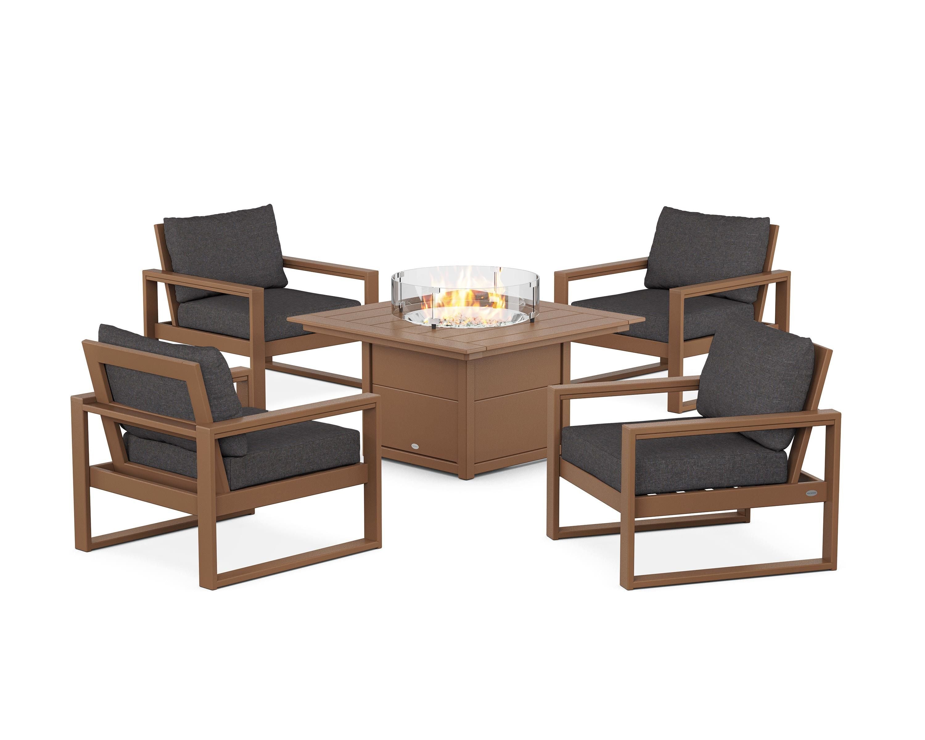 POLYWOOD® EDGE Sectional 5-Piece Deep Seating Set with Fire Pit Table in Teak / Ash Charcoal