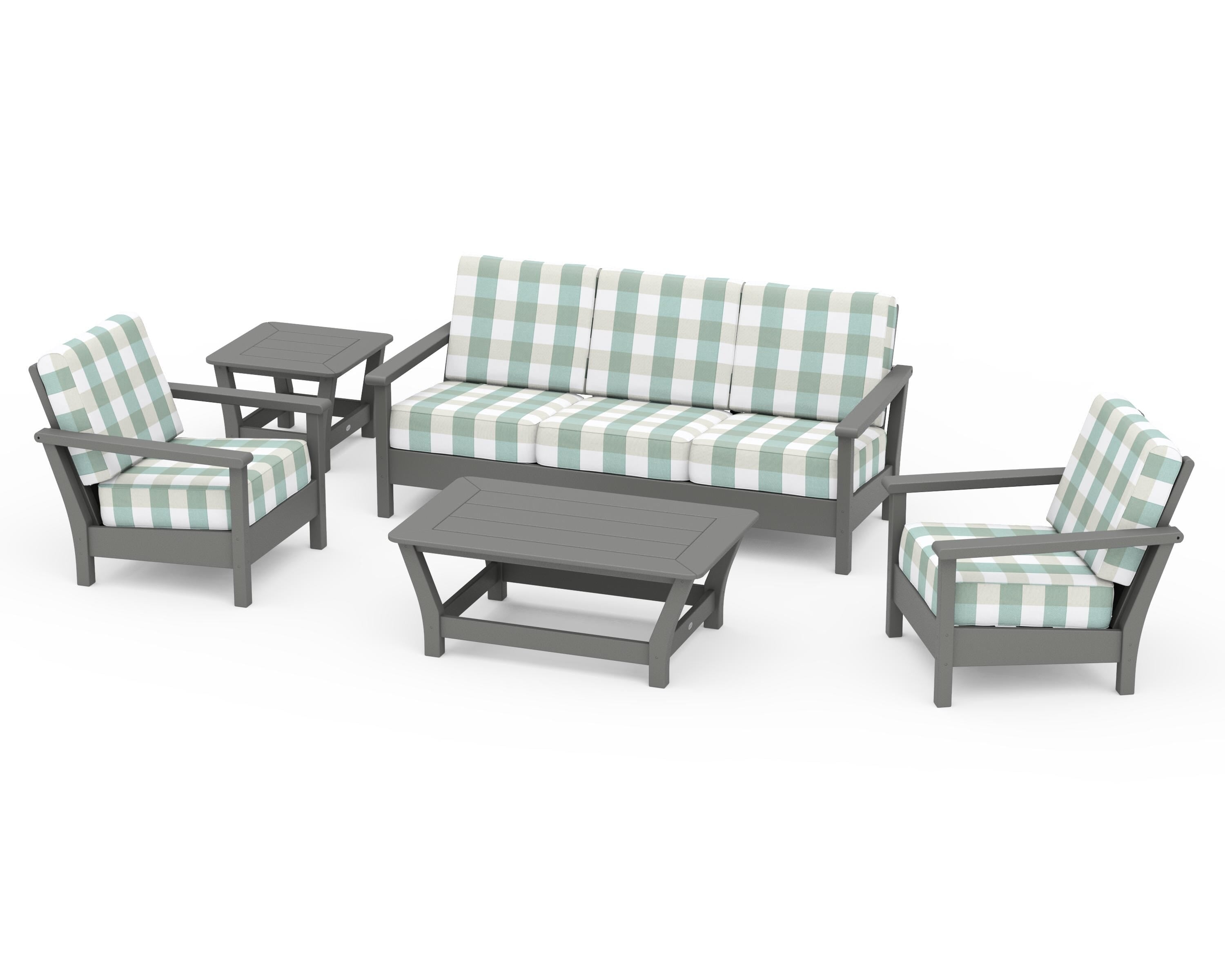 POLYWOOD® Harbour 5-Piece Deep Seating Set in Slate Grey / Buffalo Plaid Glacier Spa