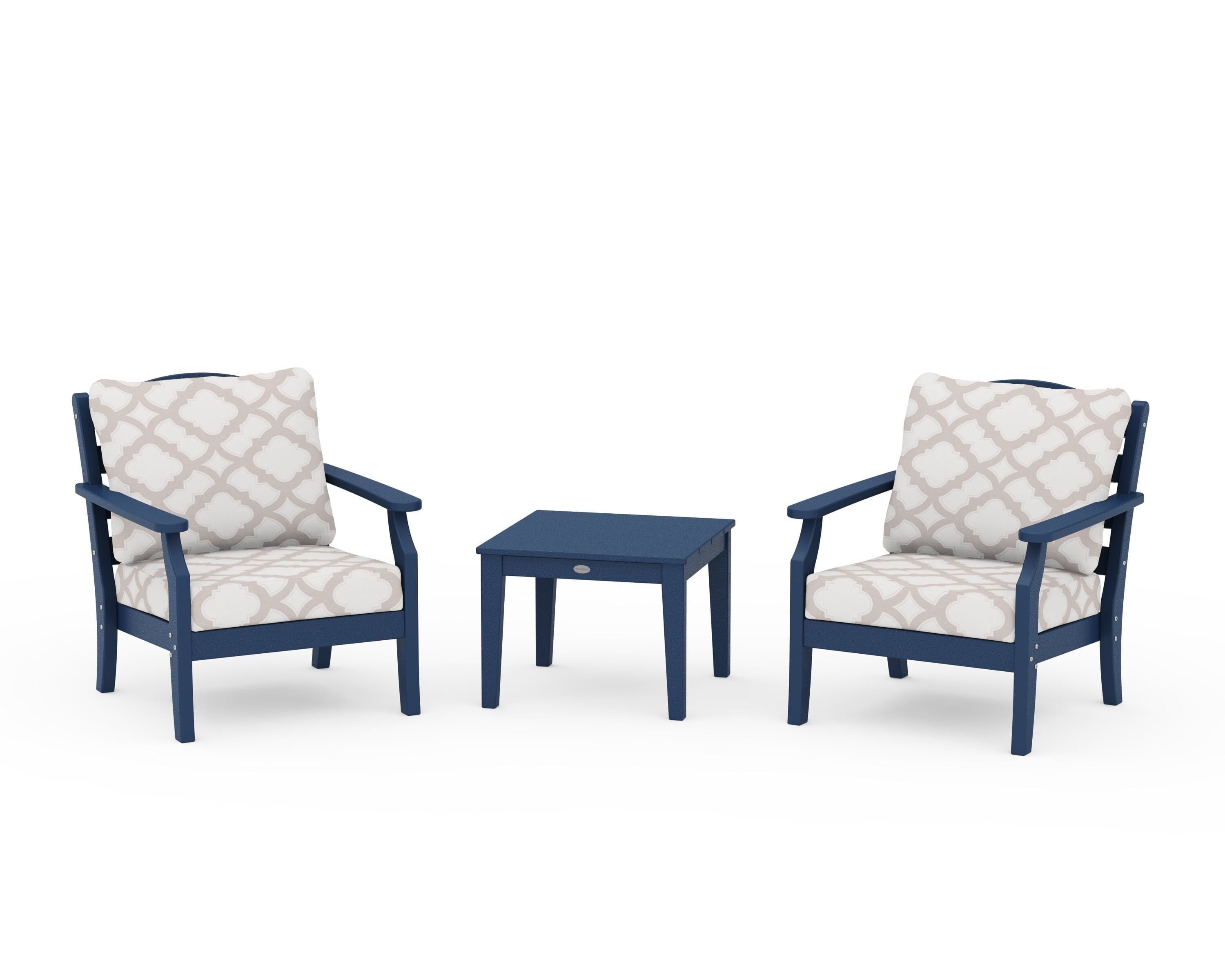 Draper James™ by POLYWOOD® Savannah 3-Piece Deep Seating Set in Navy / Trellis Dune Burlap