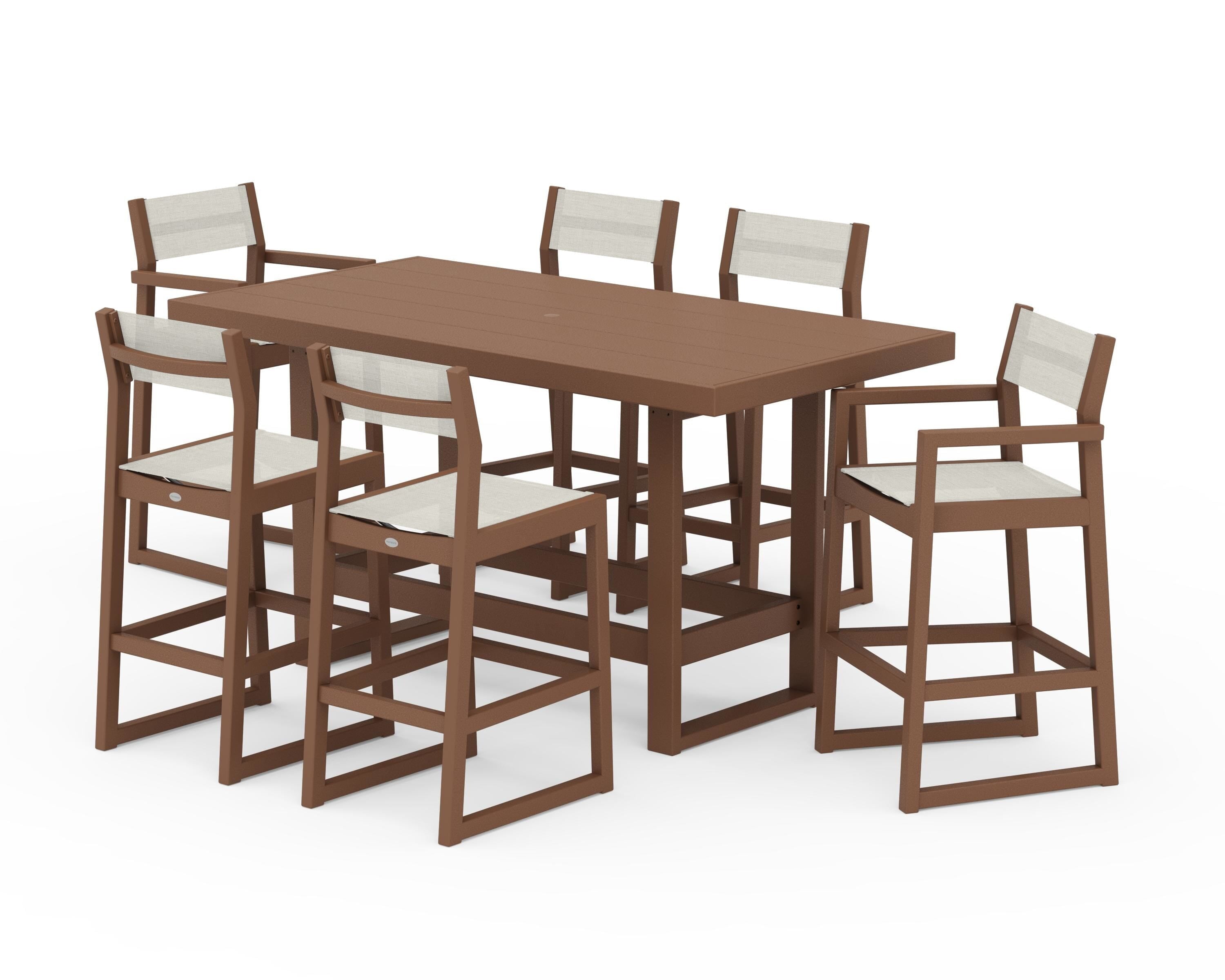 POLYWOOD® EDGE Sling 7-Piece Bar Table Set in Teak / Parchment Sling