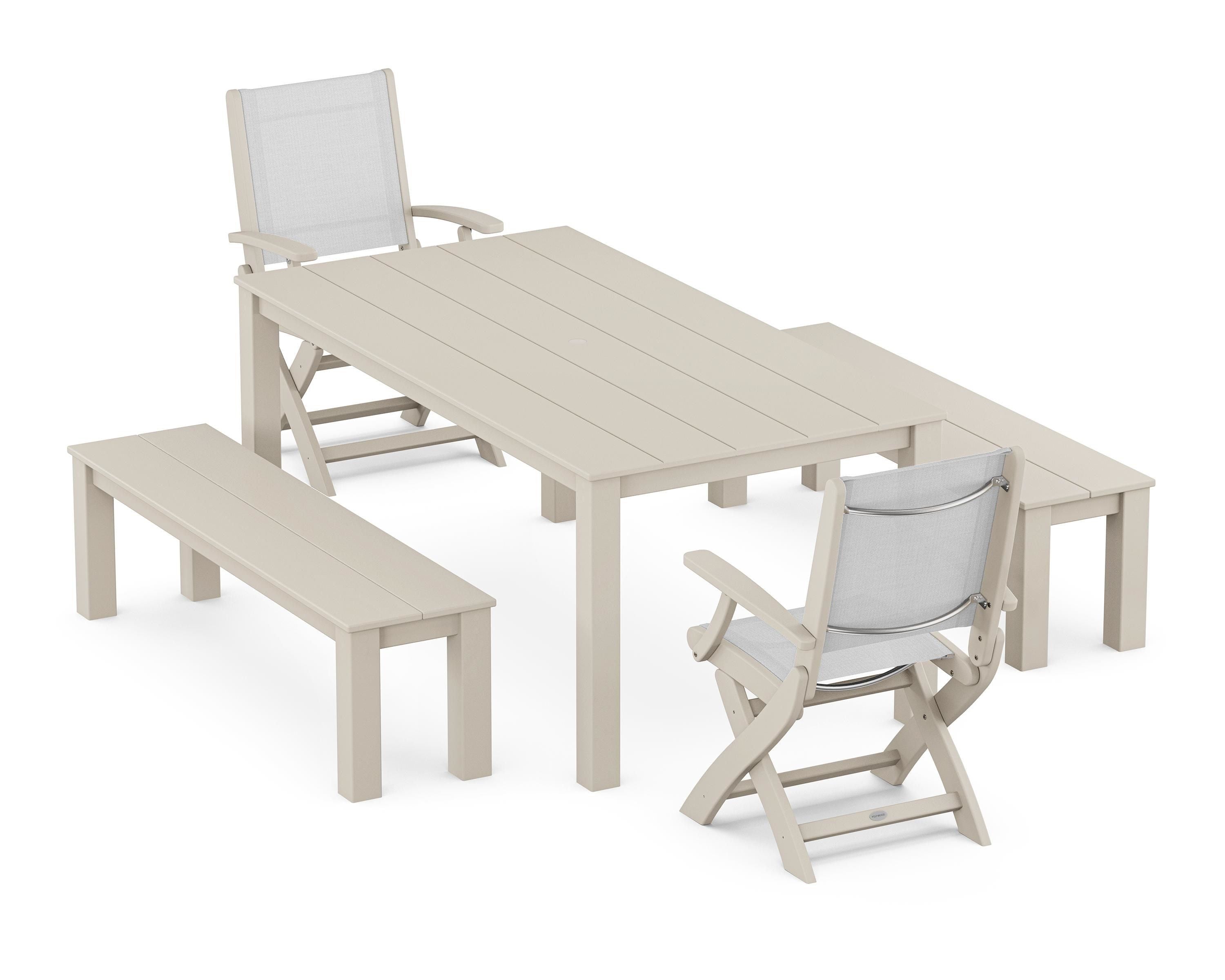 POLYWOOD® Coastal Folding Chair 5-Piece Parsons Dining Set with Benches in Sand / White Sling