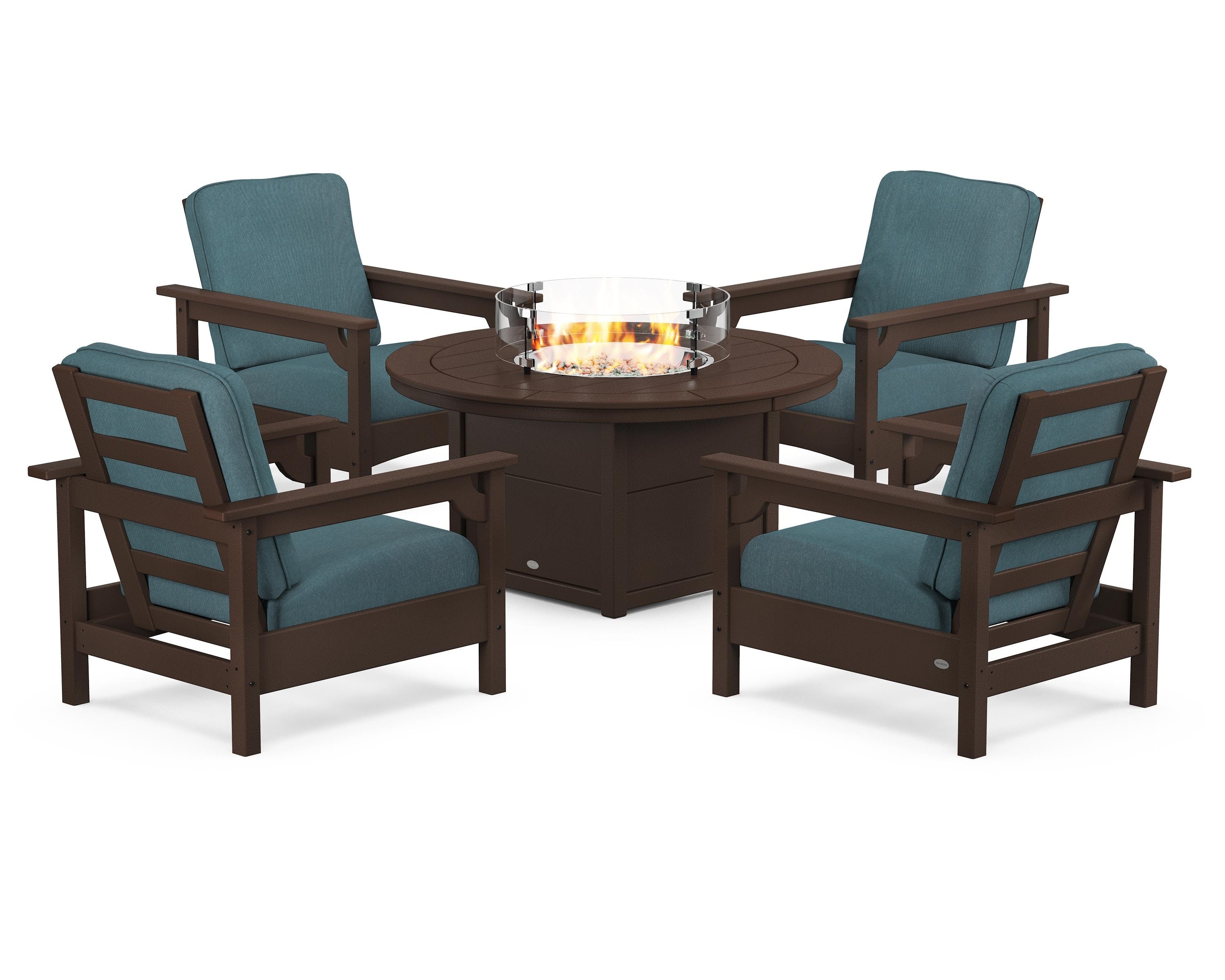 POLYWOOD® Club 5-Piece Conversation Set with Fire Pit Table in Mahogany / Ocean Teal