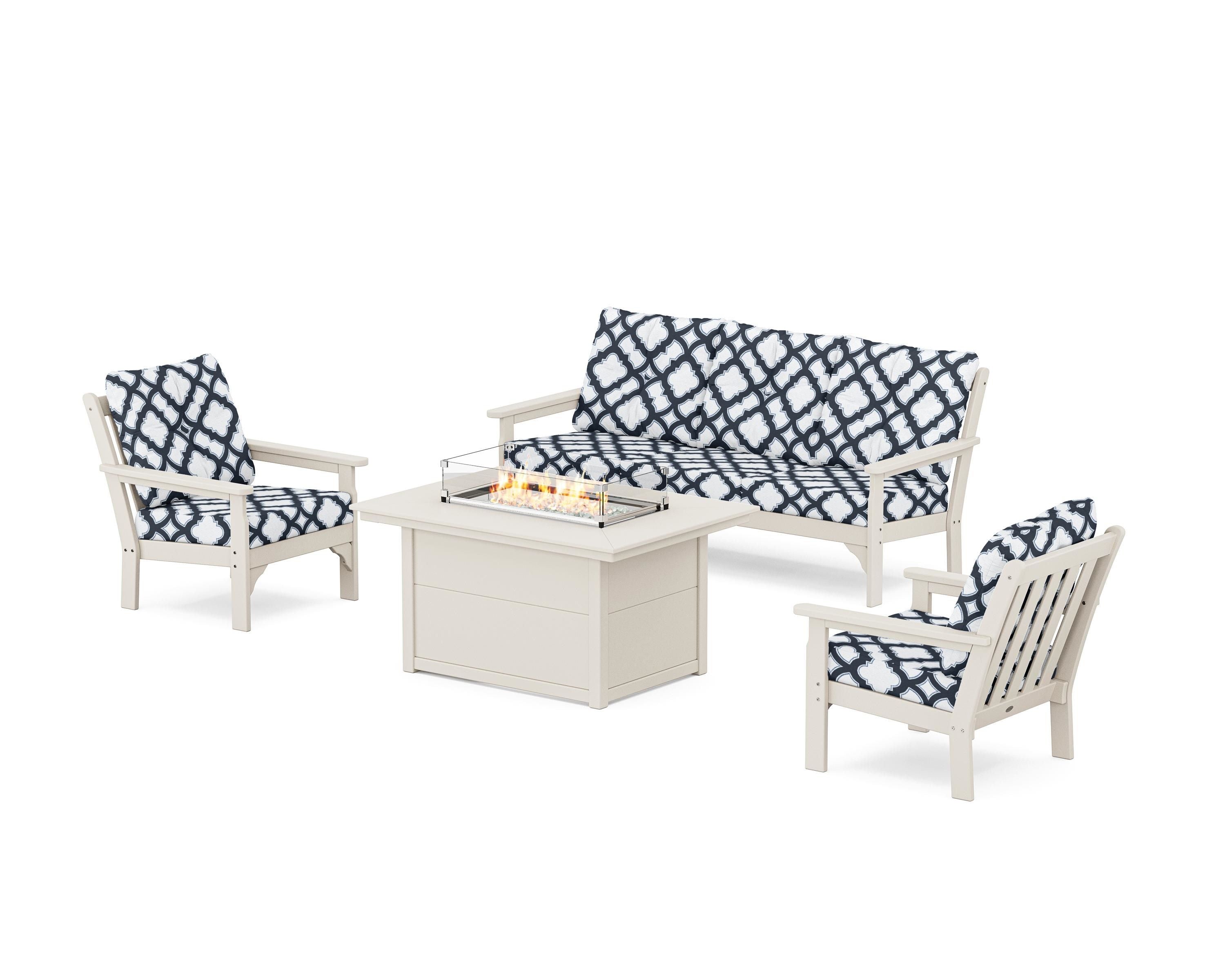 POLYWOOD® Vineyard Deep Seating Fire Pit Table Set in Sand / Trellis Marine Indigo