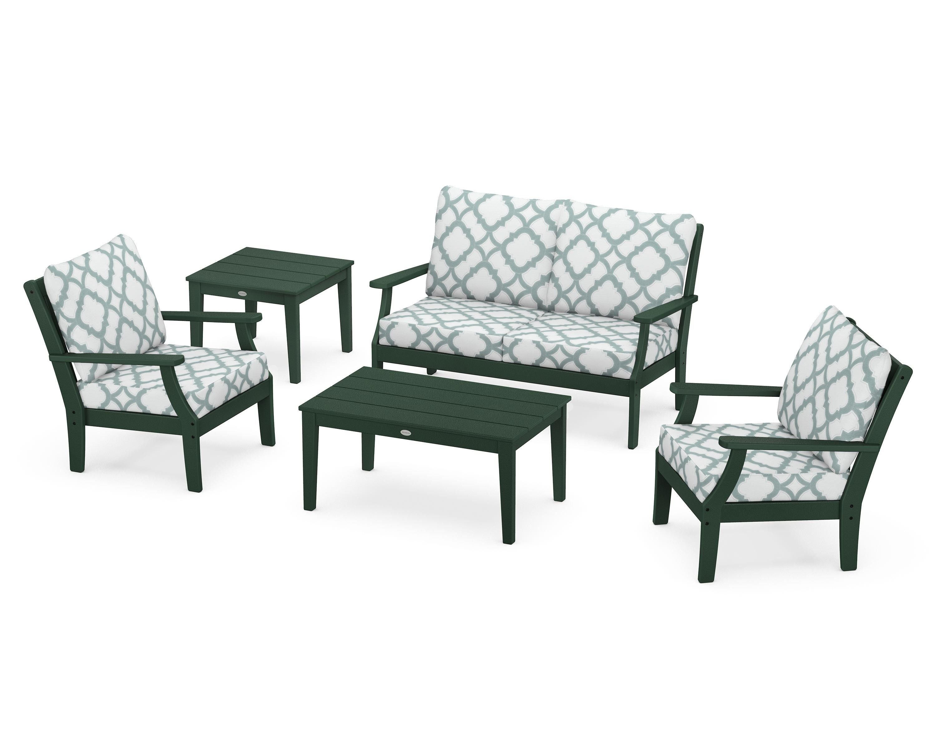 POLYWOOD® Braxton 5-Piece Deep Seating Set in Green / Trellis Glacier Spa