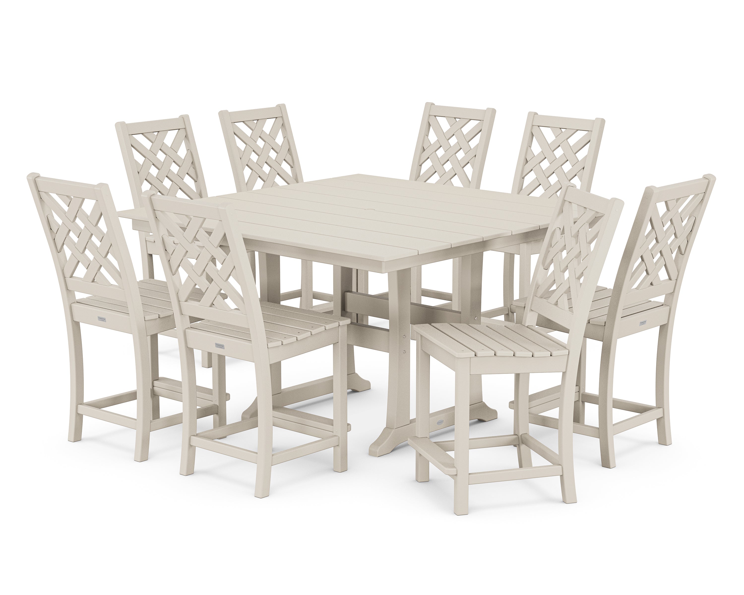 Country Living Wovendale Side Chair 9-Piece Square Farmhouse Counter Set with Trestle Legs in Sand
