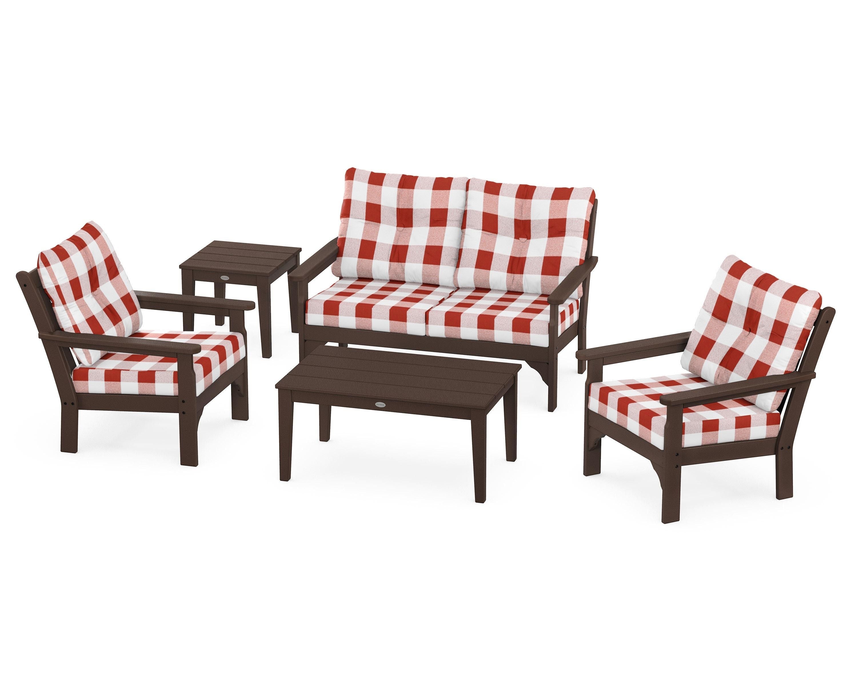 POLYWOOD® Vineyard 5-Piece Deep Seating Set in Mahogany / Buffalo Plaid Crimson