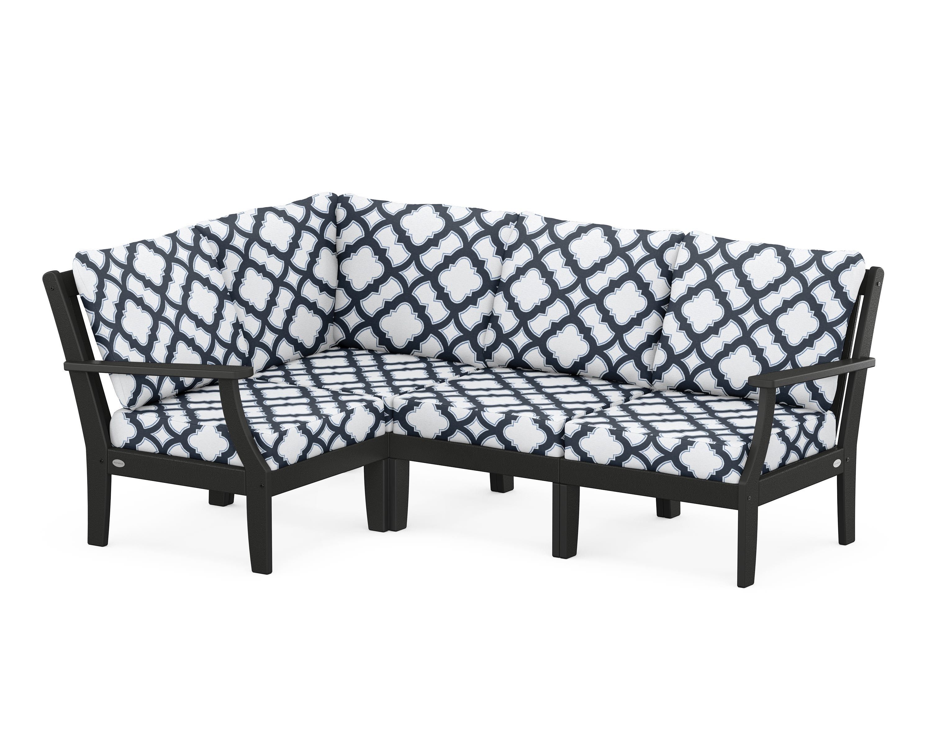 POLYWOOD® Braxton Modular 4-Piece Deep Seating Set in Black / Trellis Marine Indigo