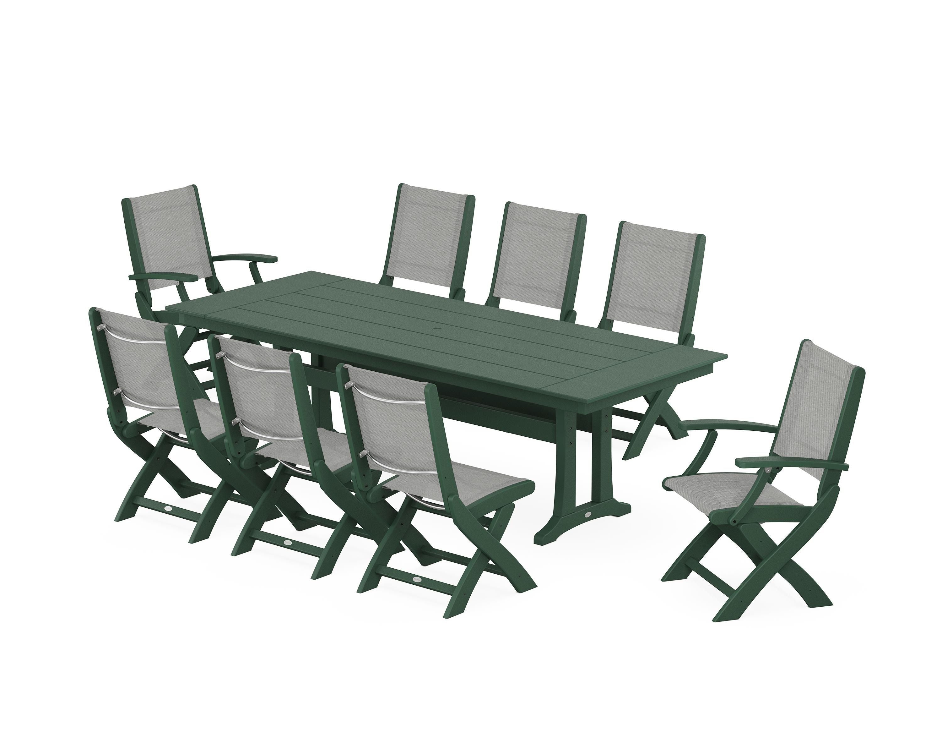 POLYWOOD® Coastal 9-Piece Folding Dining Chair Farmhouse Dining Set with Trestle Legs in Green / Metallic Sling