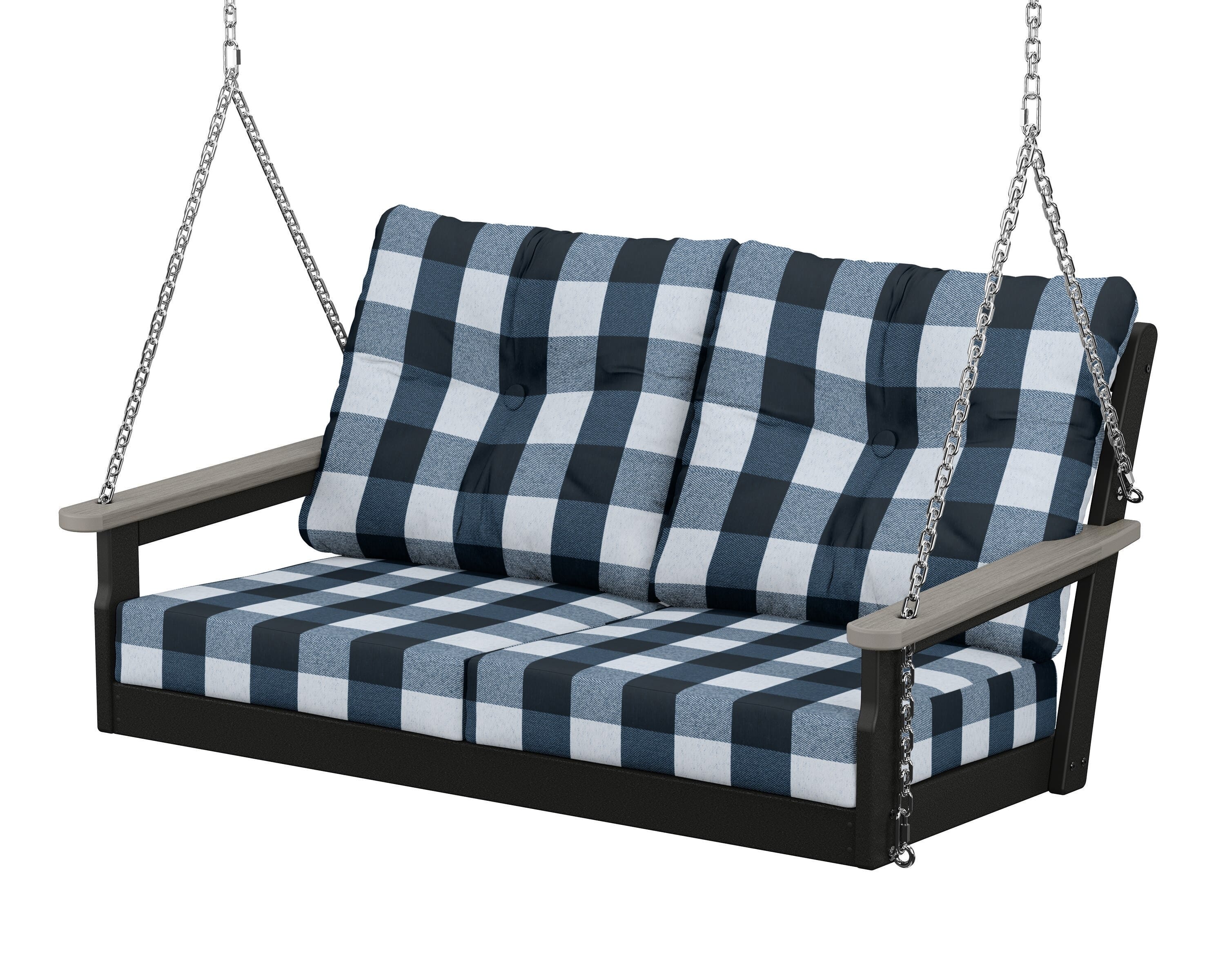 POLYWOOD® Vineyard Deep Seating Swing in Black / Driftwood / Buffalo Plaid Marine Indigo