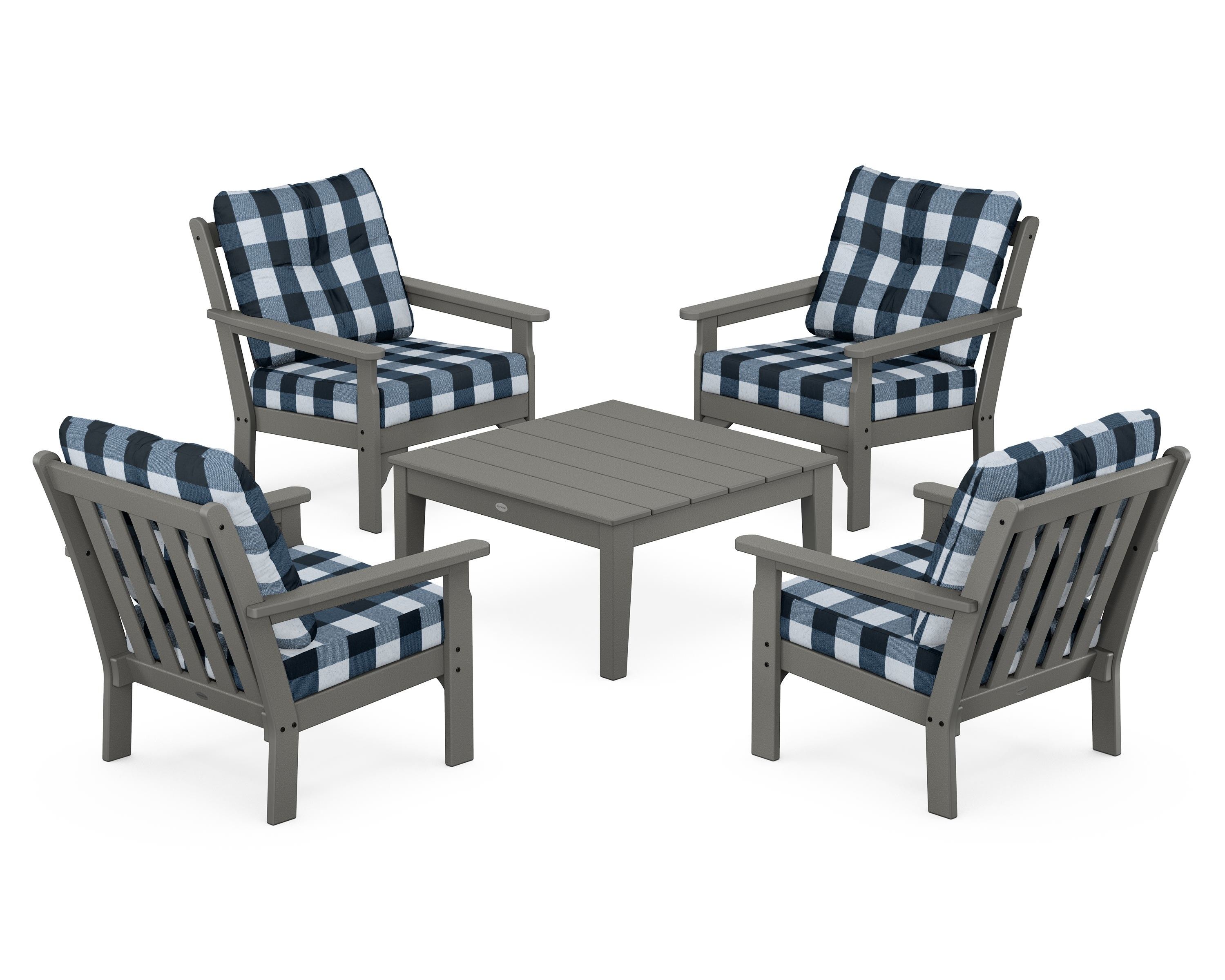 POLYWOOD® Vineyard 5-Piece Deep Seating Conversation Set in Slate Grey / Buffalo Plaid Marine Indigo