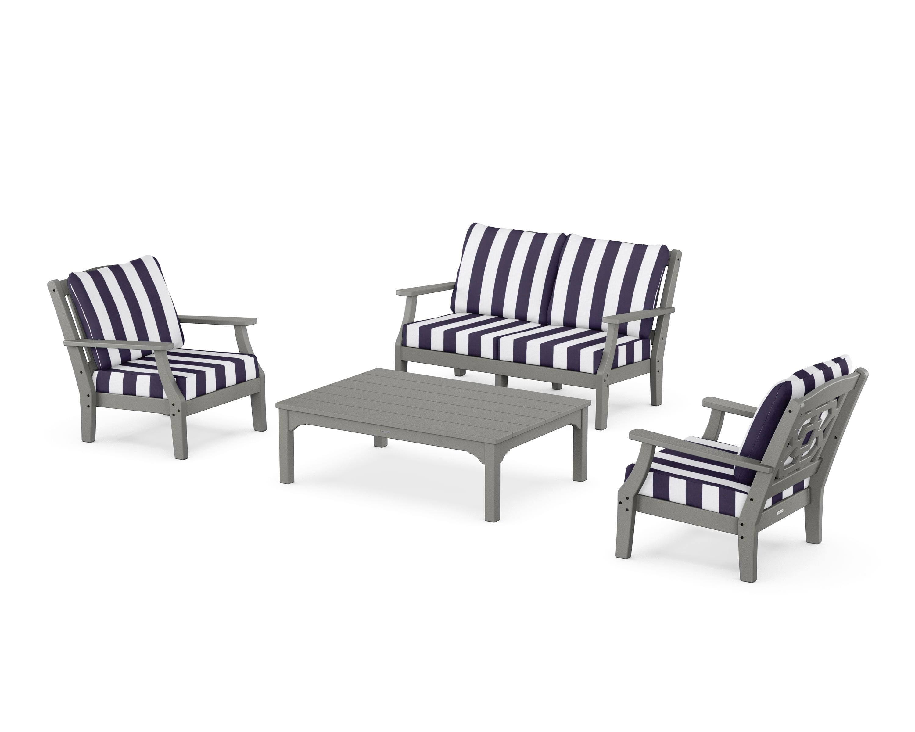 Martha Stewart by POLYWOOD® Chinoiserie 4-Piece Deep Seating Set with Loveseat in Slate Grey / Cabana Stripe Navy
