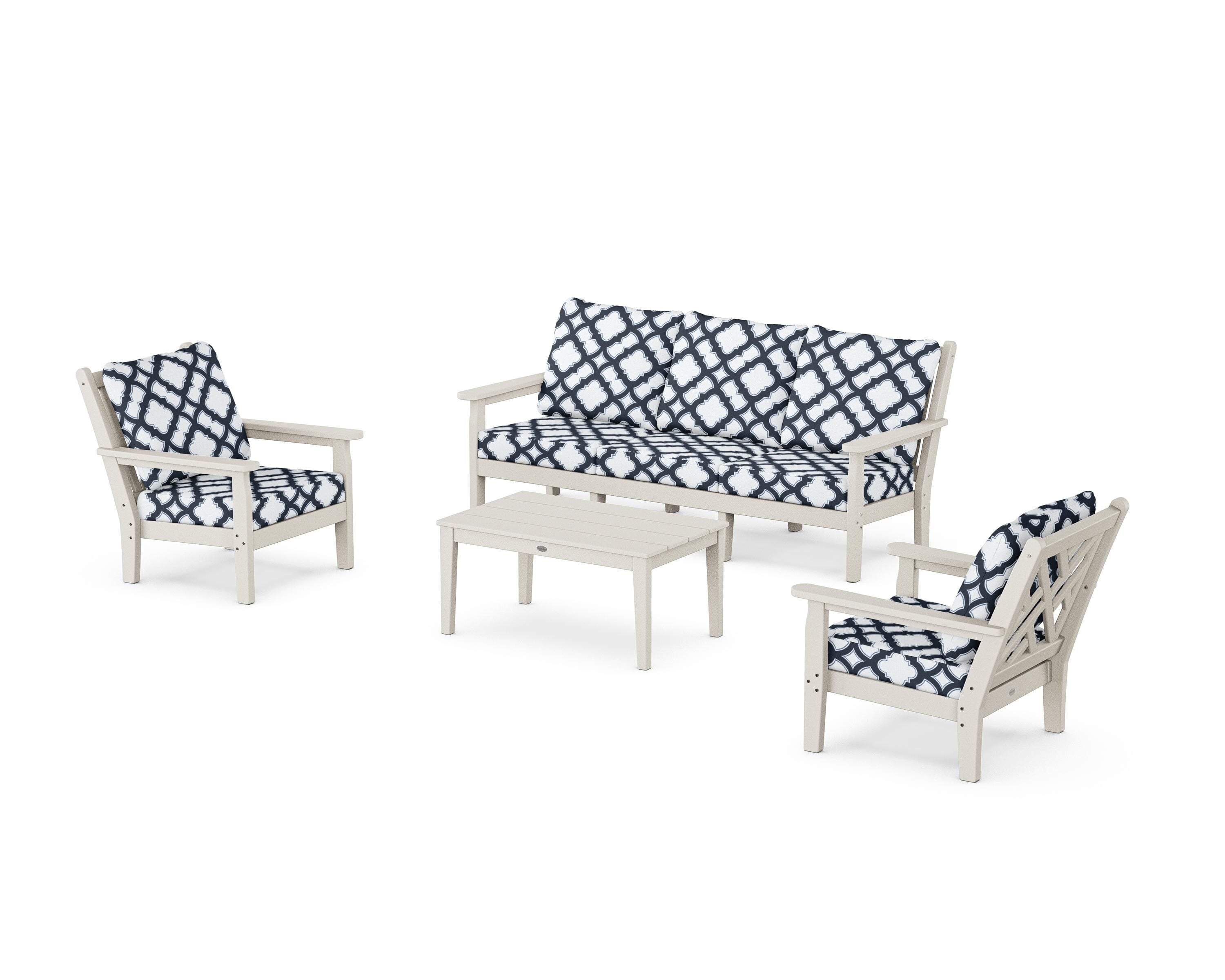 POLYWOOD® Chippendale 4-Piece Deep Seating Set with Sofa in Sand / Trellis Marine Indigo