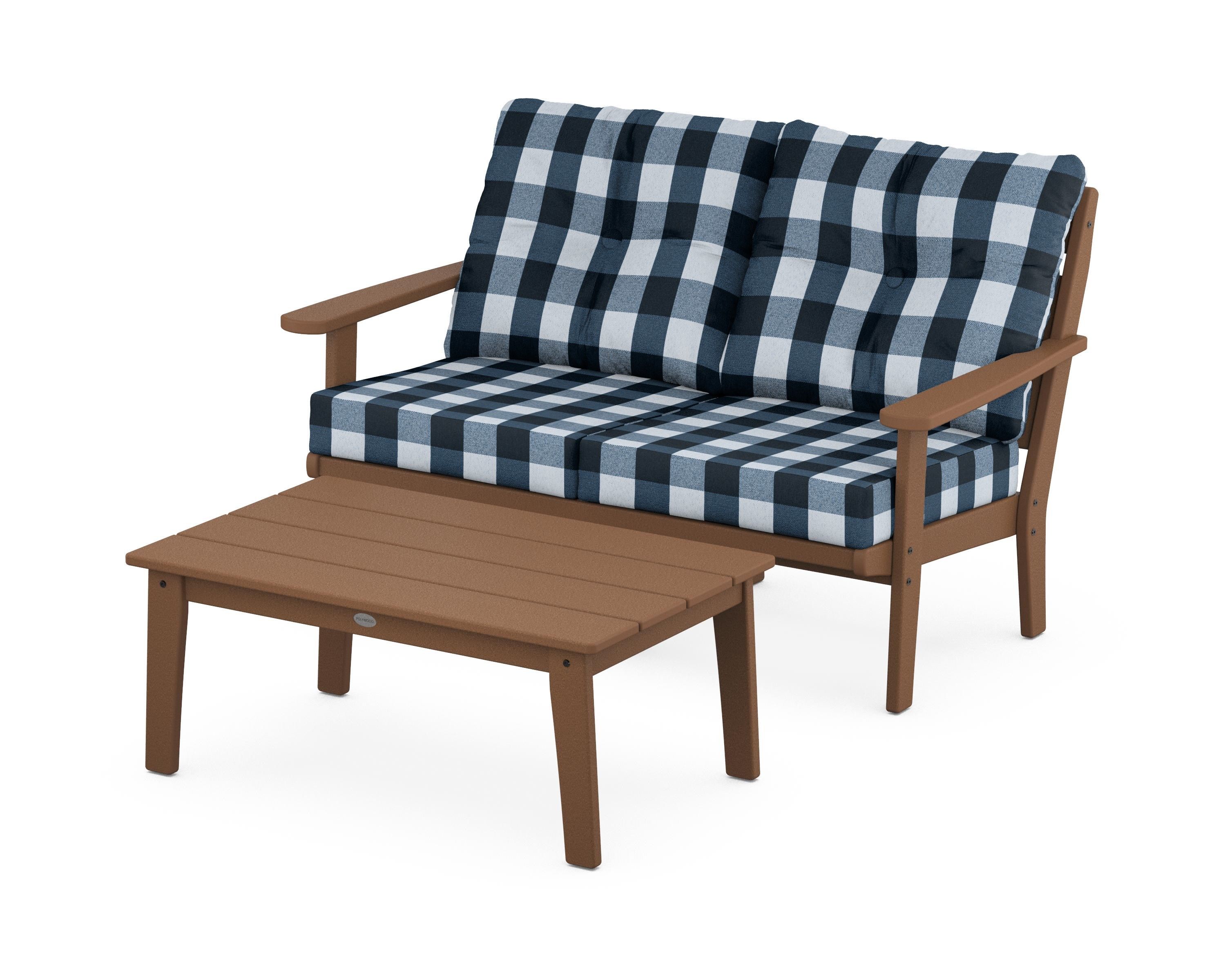 POLYWOOD® Lakeside 2-Piece Lounge Loveseat Set in Teak / Buffalo Plaid Marine Indigo