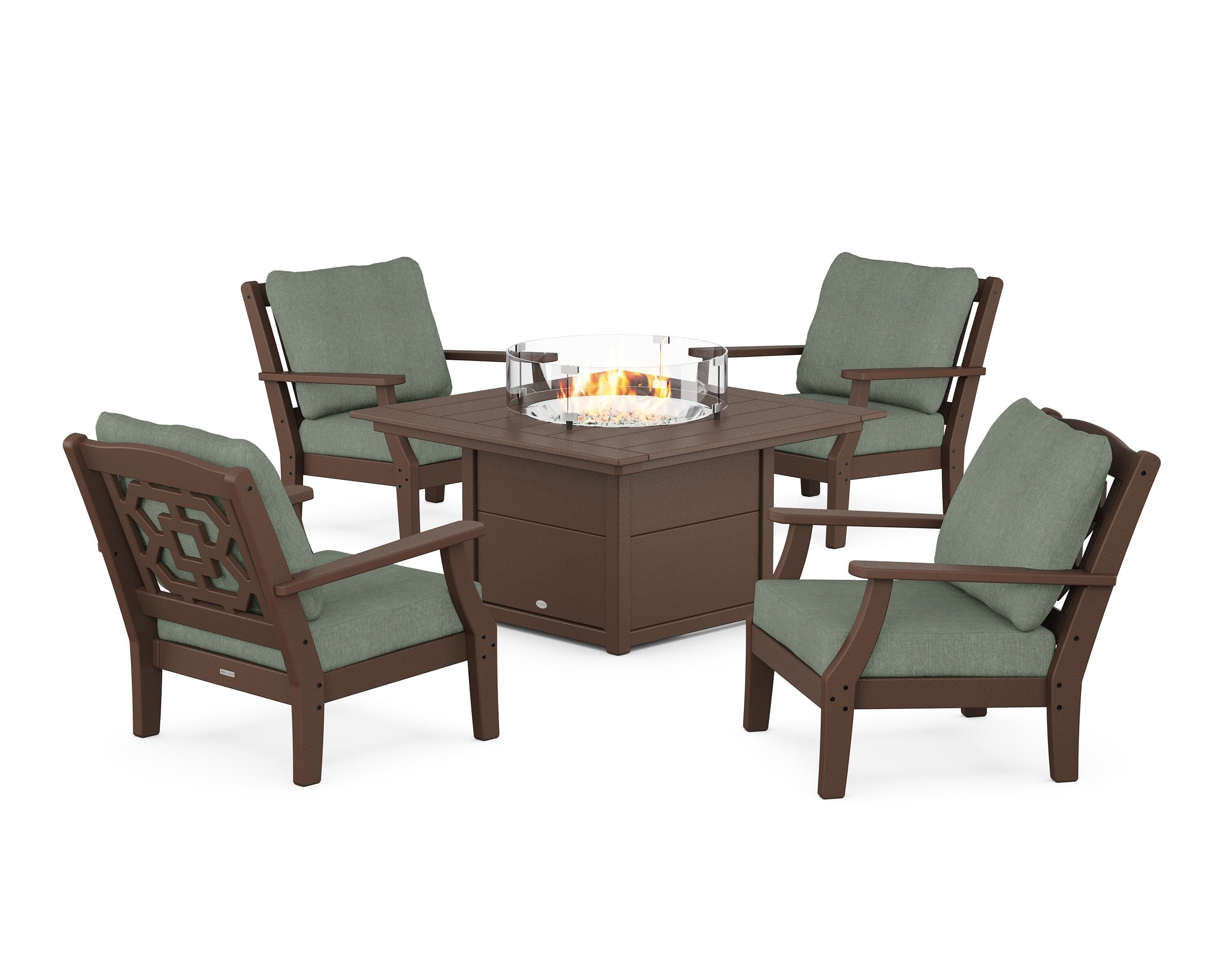 Martha Stewart by POLYWOOD® Chinoiserie 5-Piece Deep Seating Set with Fire Pit Table in Mahogany / Cast Sage