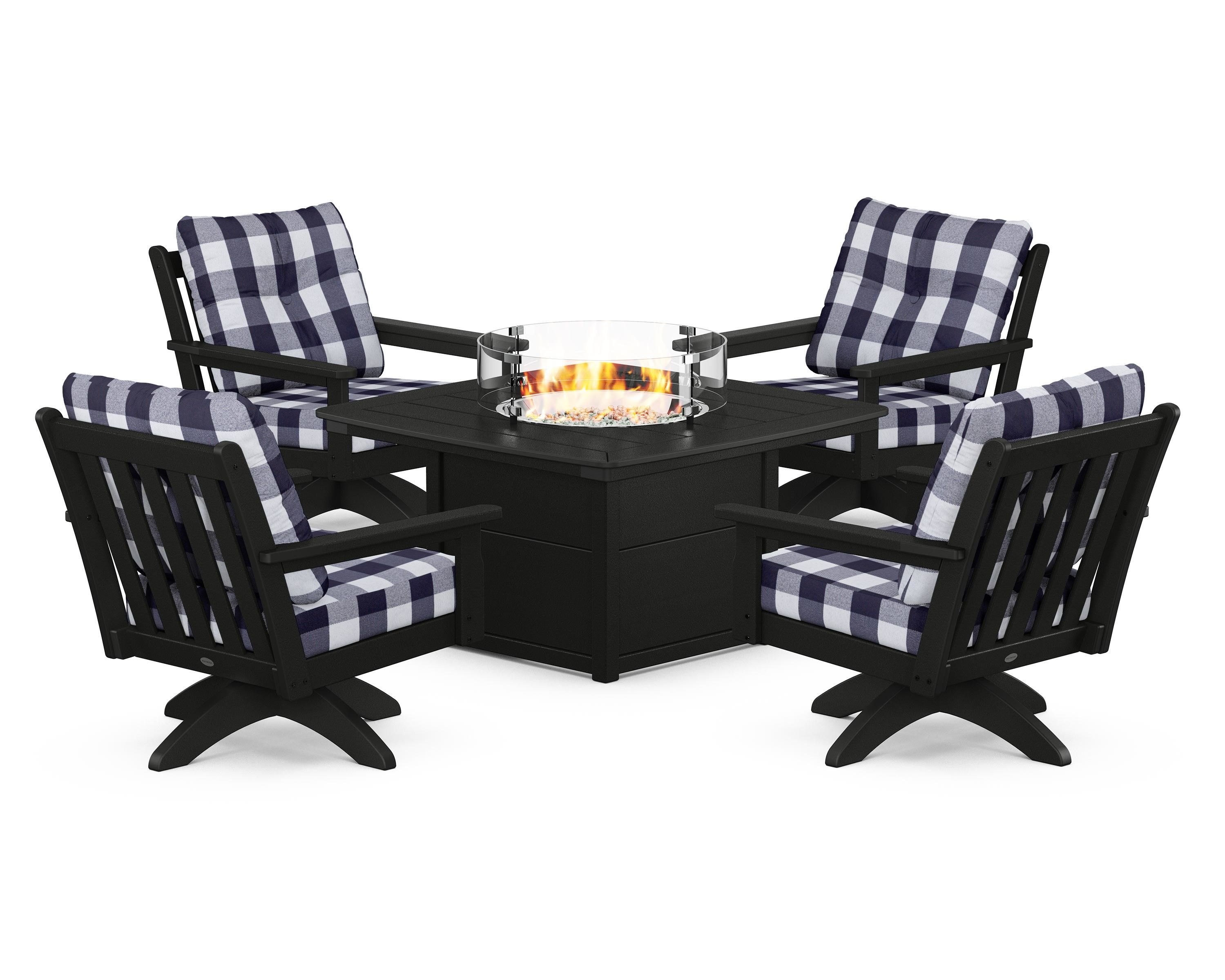 POLYWOOD® Vineyard 5-Piece Deep Seating Swivel Conversation Set with Fire Pit Table in Black / Buffalo Plaid Navy