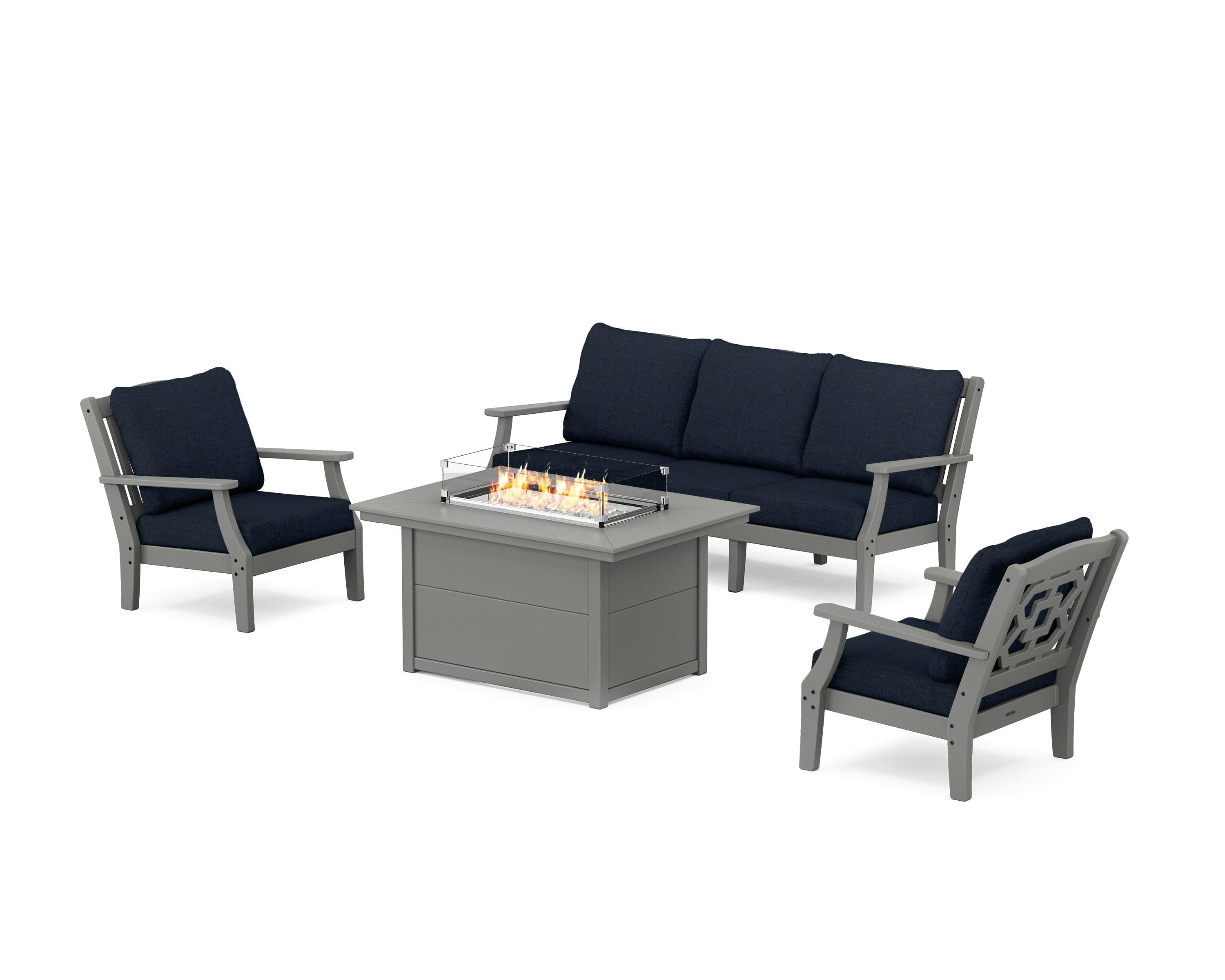 Martha Stewart by POLYWOOD® Chinoiserie Deep Seating Fire Pit Table Set in Slate Grey / Marine Indigo