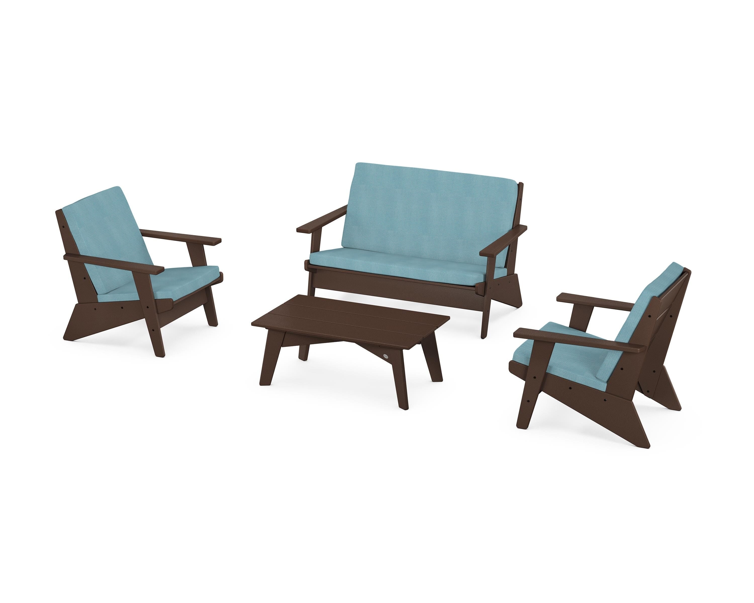 POLYWOOD® Riviera Modern Lounge 4-Piece Set in Mahogany / Lattice Sky Blue