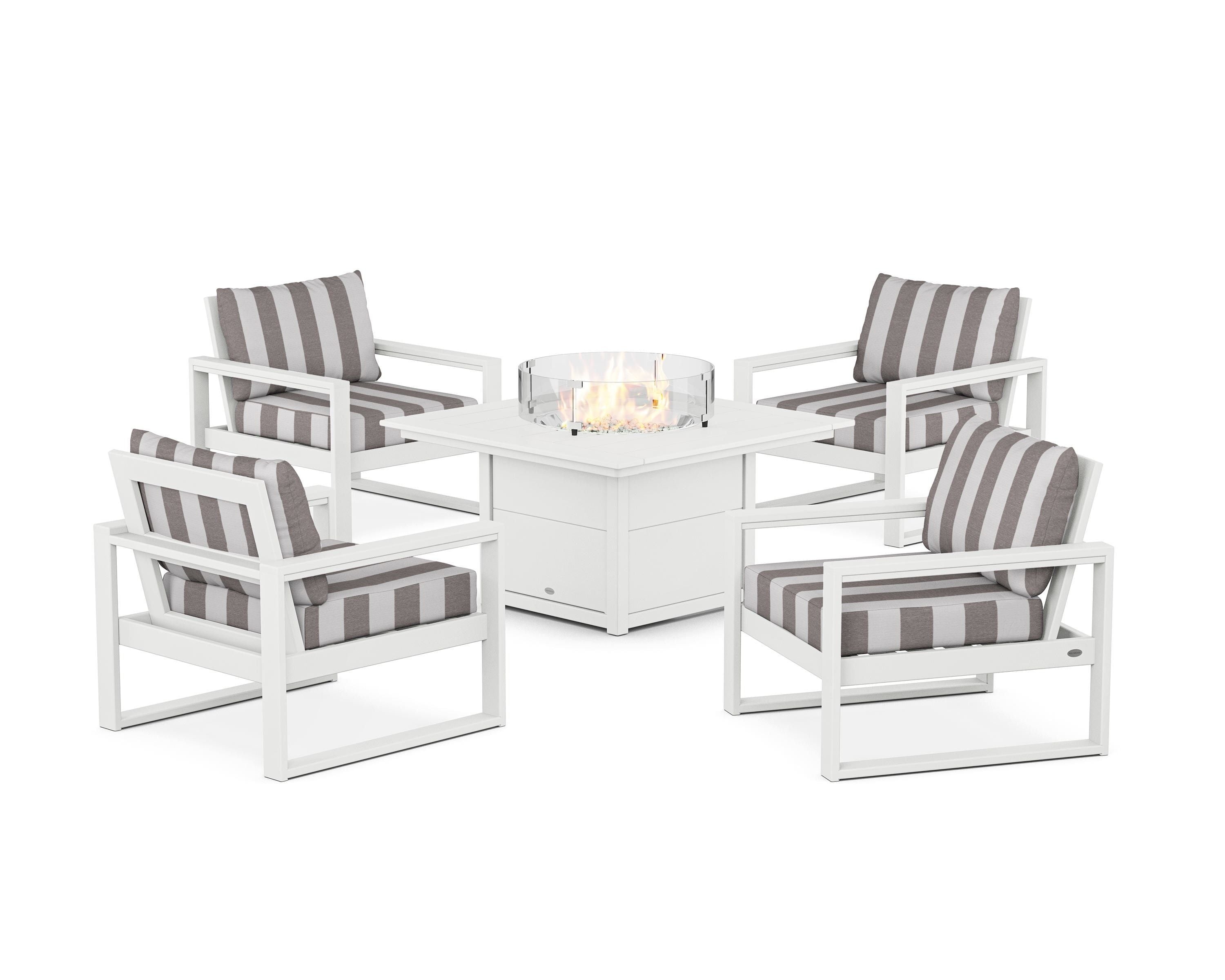 POLYWOOD® EDGE Sectional 5-Piece Deep Seating Set with Fire Pit Table in White / Cabana Stripe Grey Mist