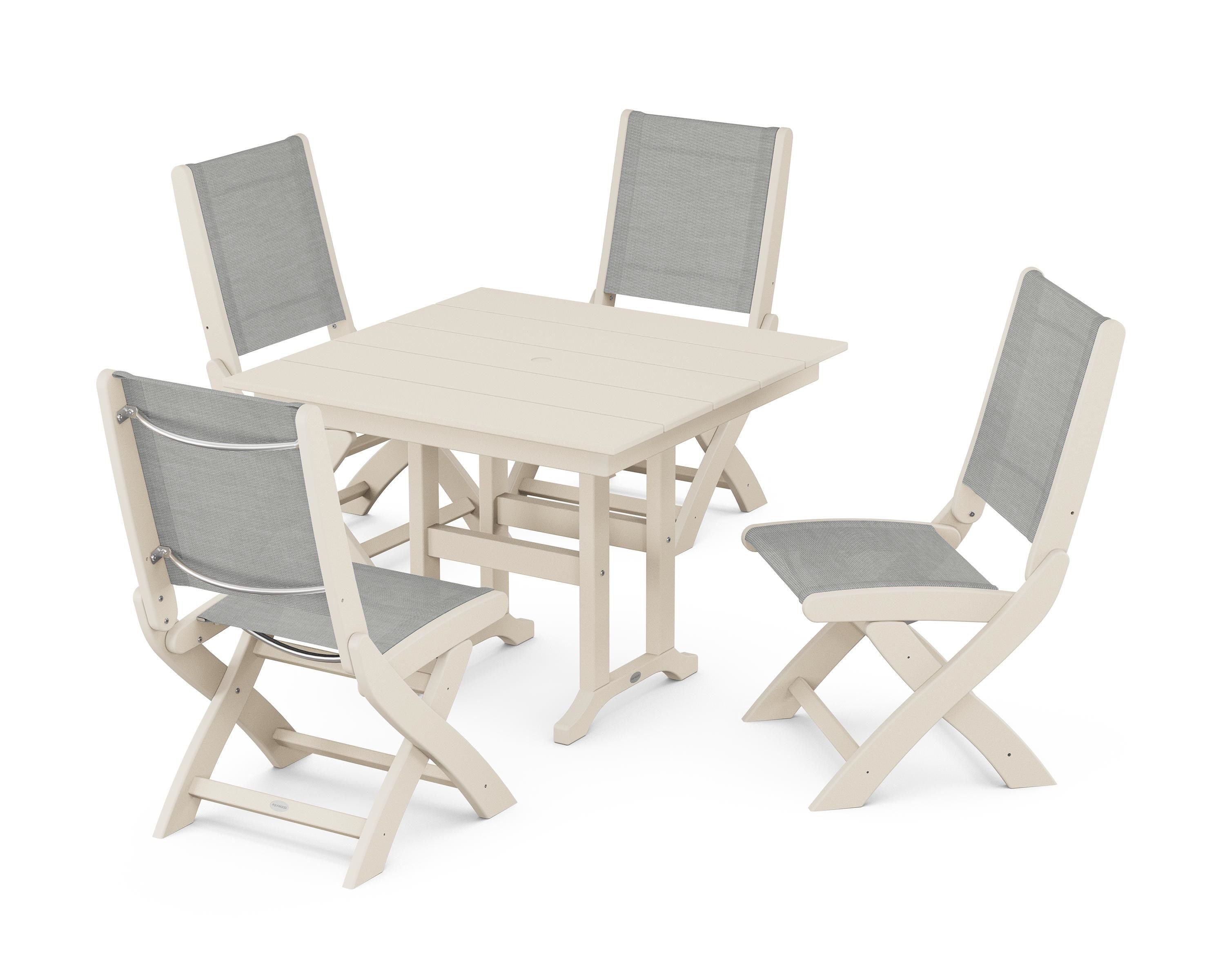 POLYWOOD® Coastal Folding Side Chair 5-Piece Farmhouse Dining Set in Sand / Metallic Sling