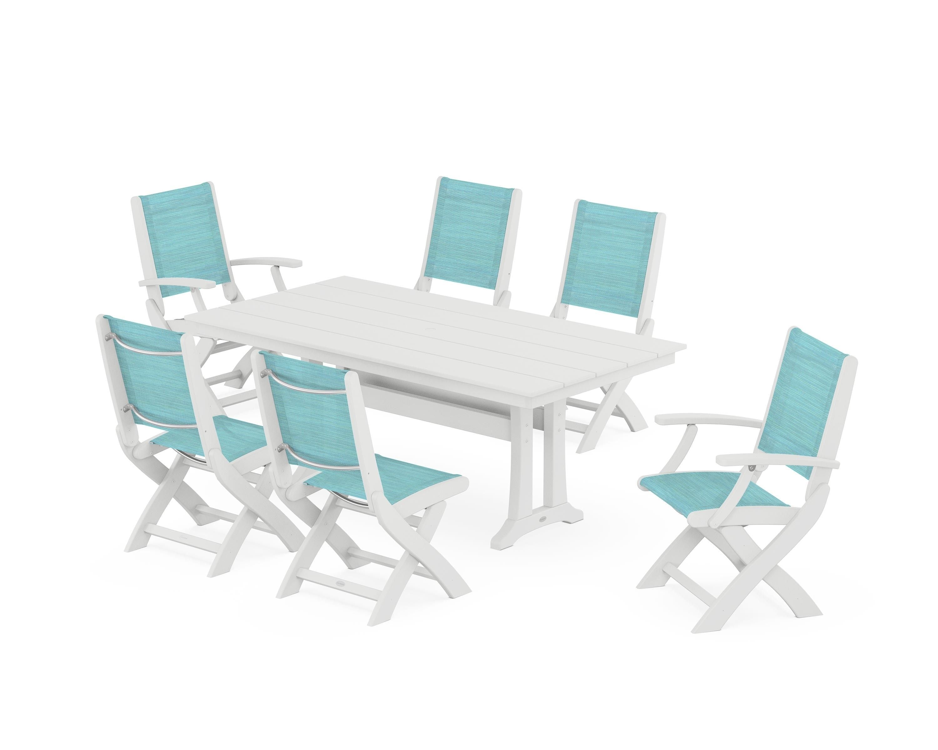 POLYWOOD® Coastal Folding Chair 7-Piece Farmhouse Dining Set with Trestle Legs in White / Dupioni Aquamarine Sling