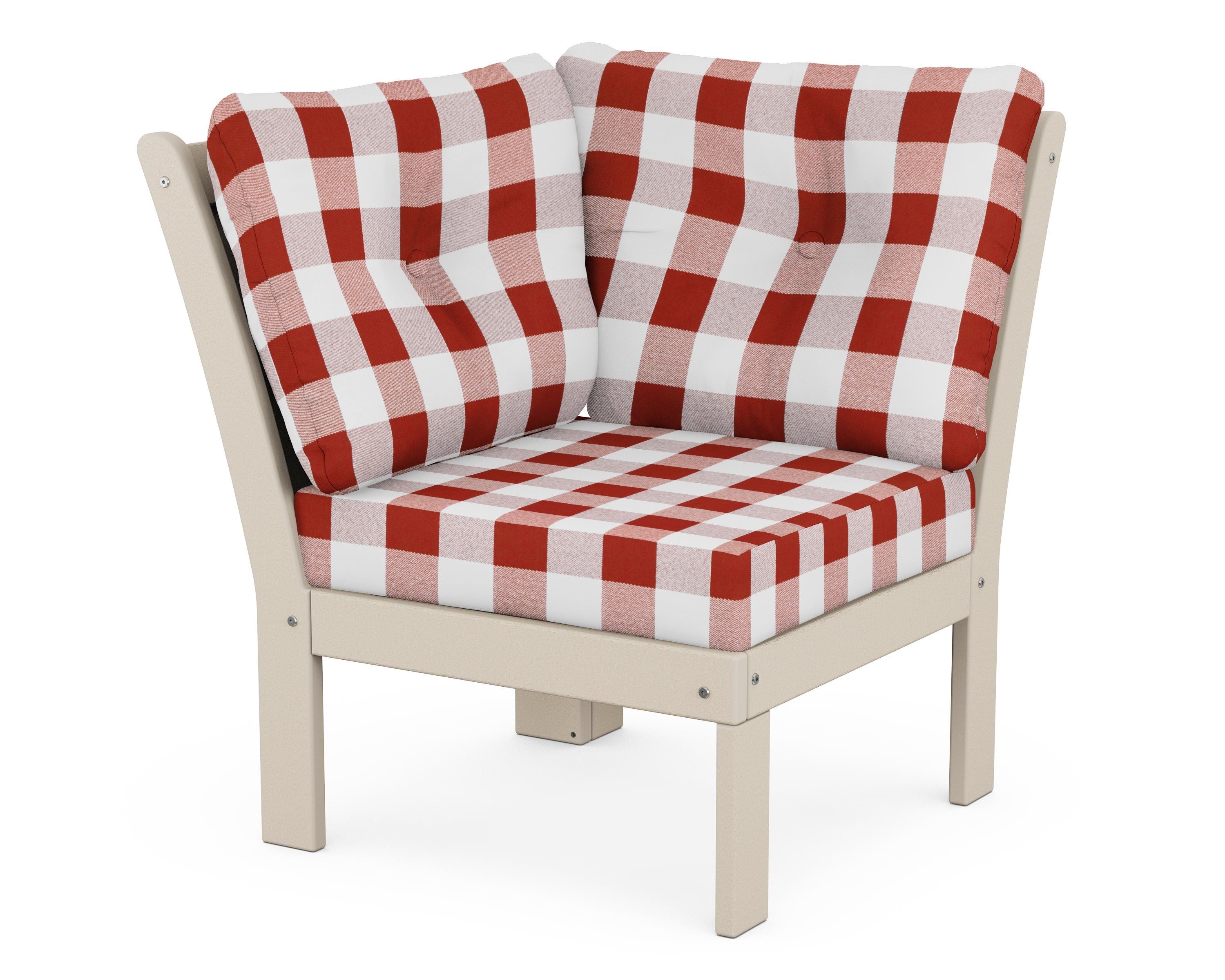 POLYWOOD® Vineyard Modular Corner Chair in Sand / Buffalo Plaid Crimson