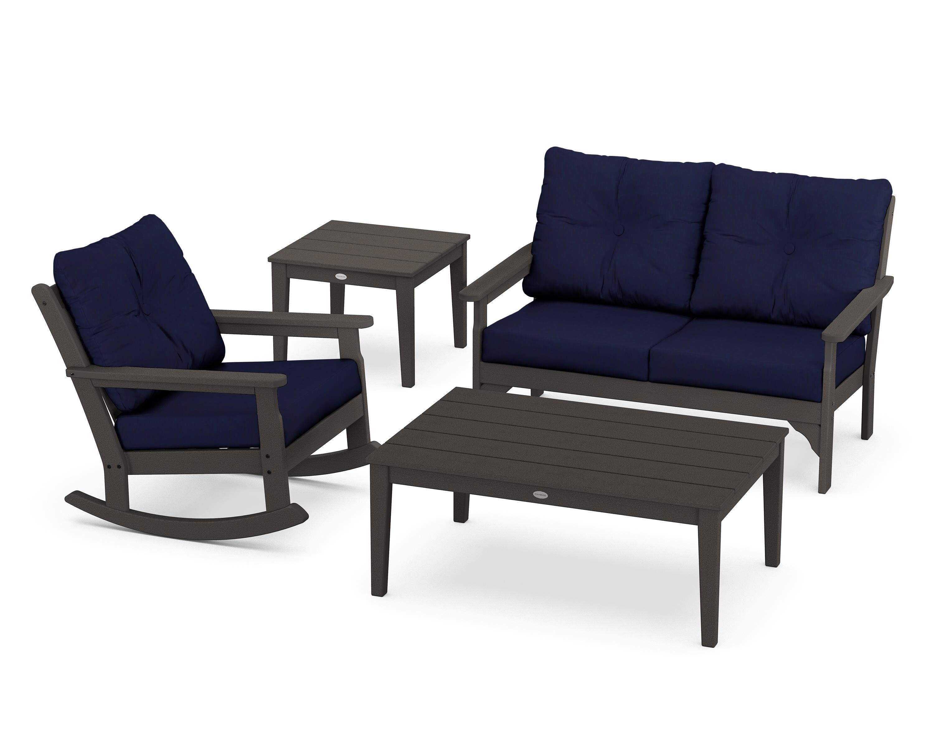 POLYWOOD® Vineyard 4-Piece Deep Seating Rocker Set in Vintage Coffee / Navy