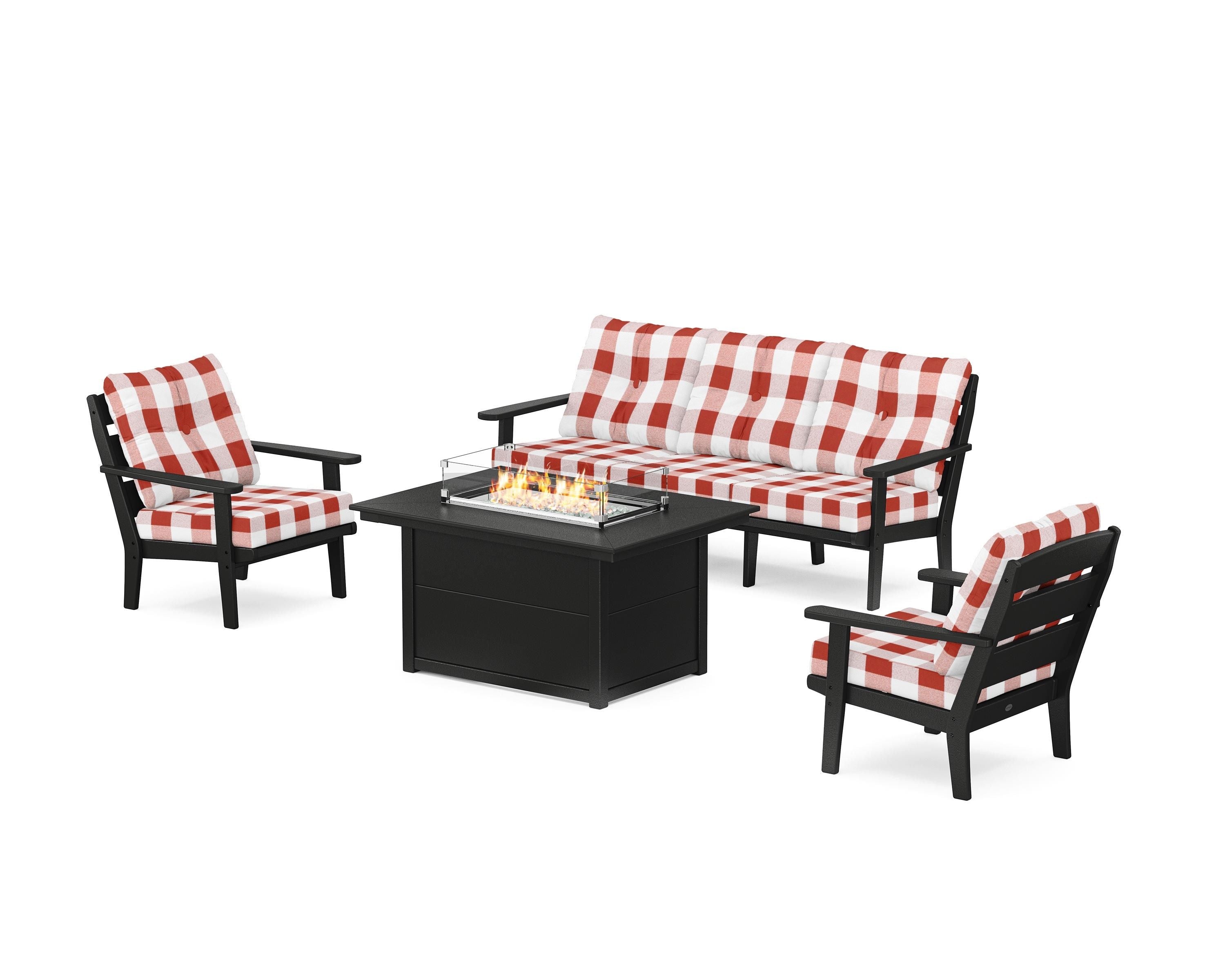 POLYWOOD® Lakeside Deep Seating Fire Pit Table Set in Black / Buffalo Plaid Crimson