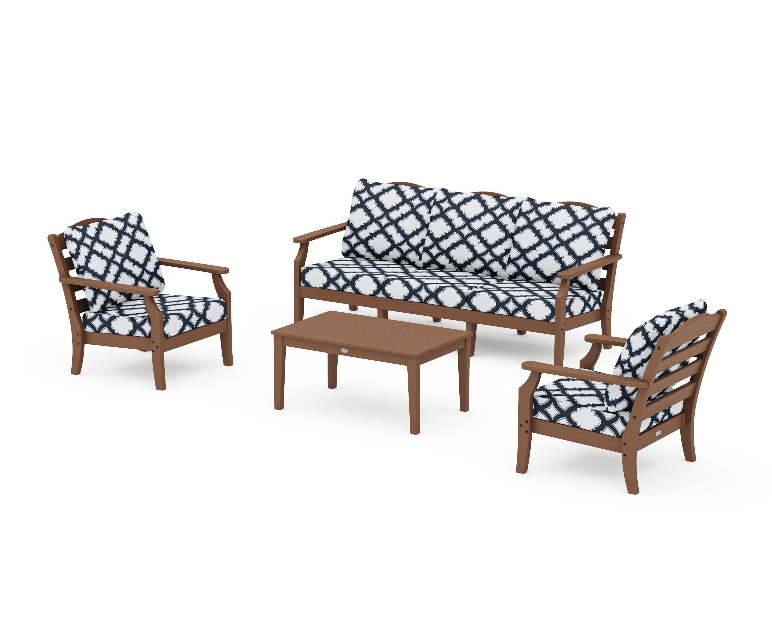 Draper James™ by POLYWOOD® Savannah 4-Piece Deep Seating Set with Sofa in Teak / Trellis Marine Indigo
