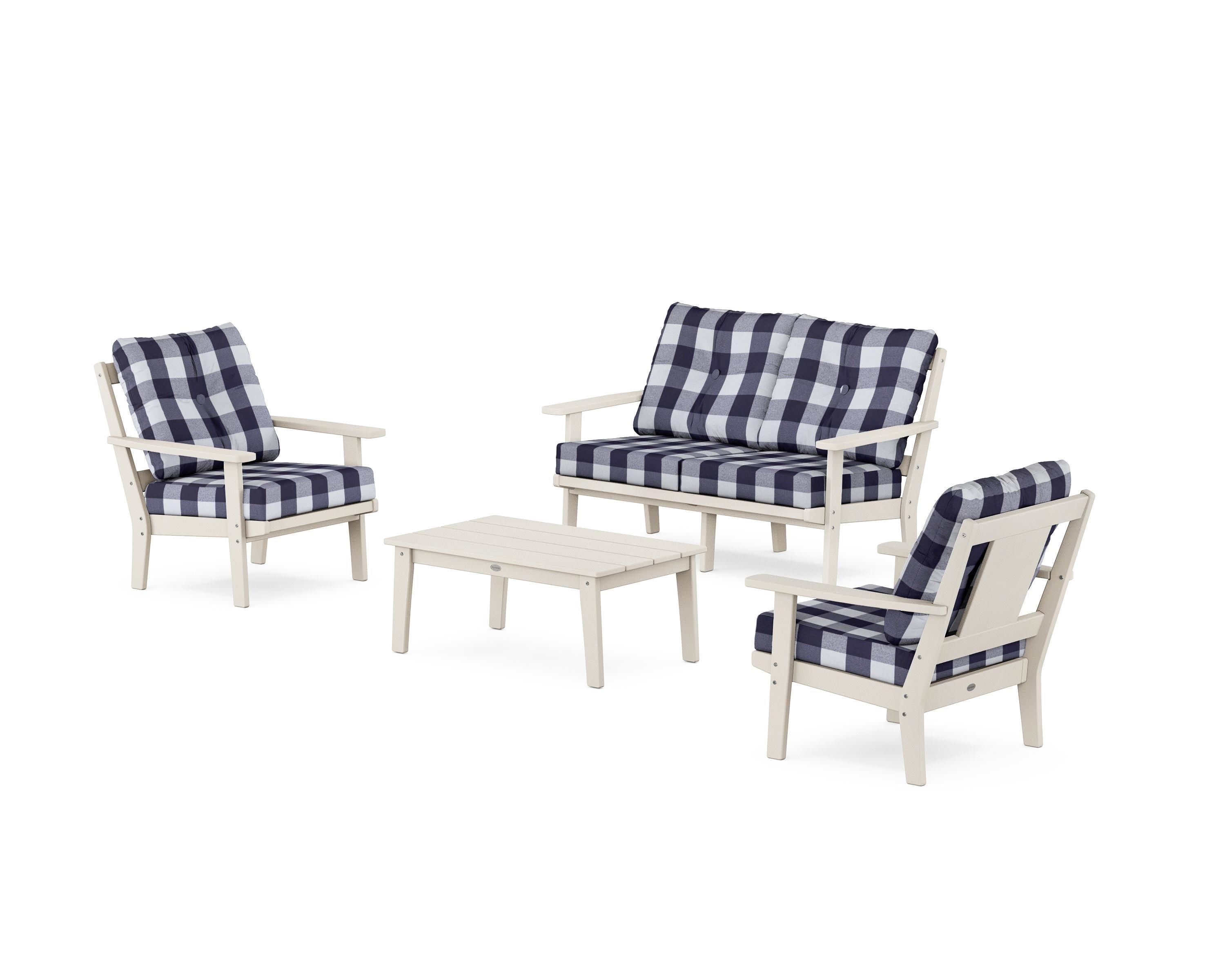 POLYWOOD® Prairie 4-Piece Deep Seating Set with Loveseat in Sand / Buffalo Plaid Navy