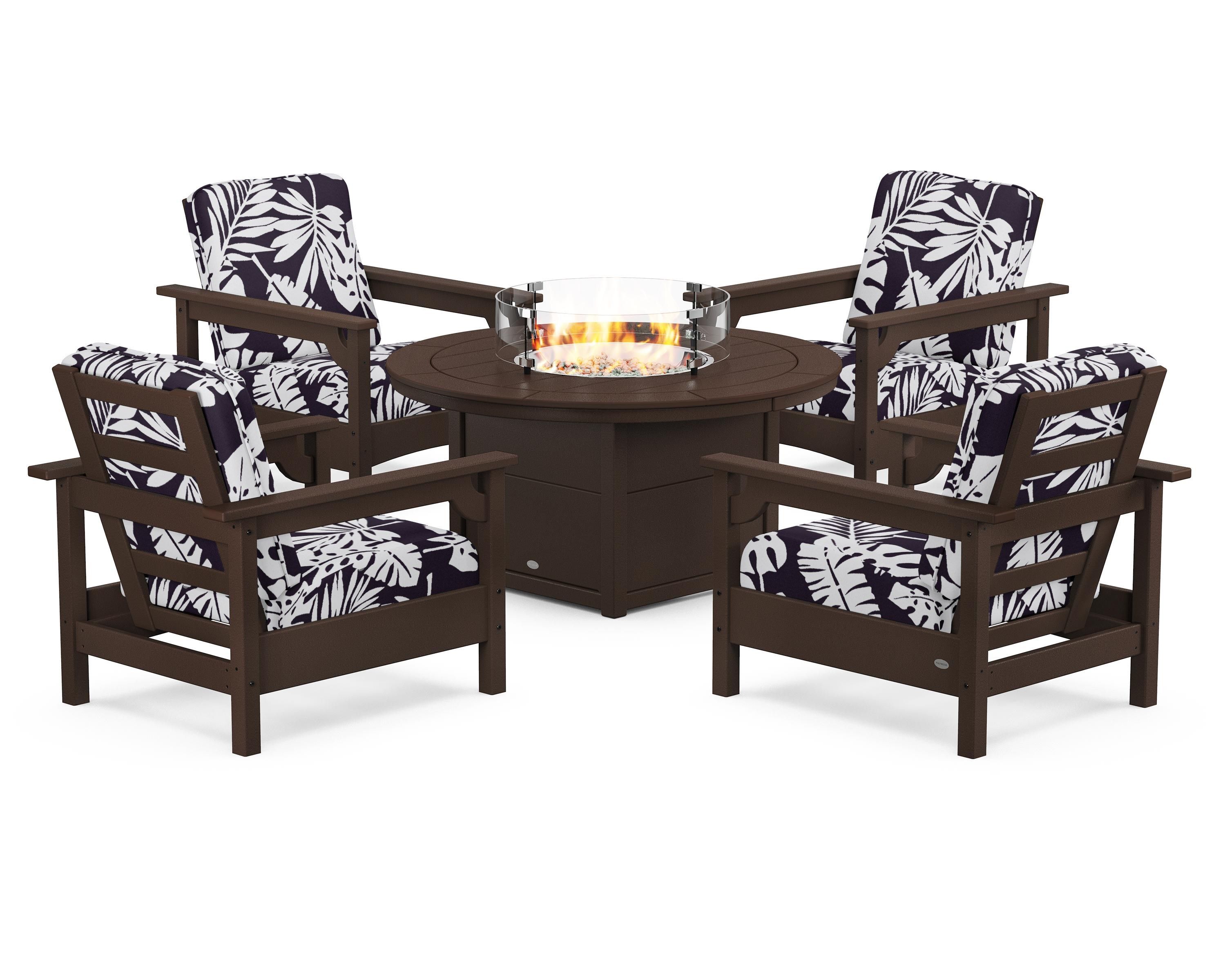 POLYWOOD® Club 5-Piece Conversation Set with Fire Pit Table in Mahogany / Leaf Navy