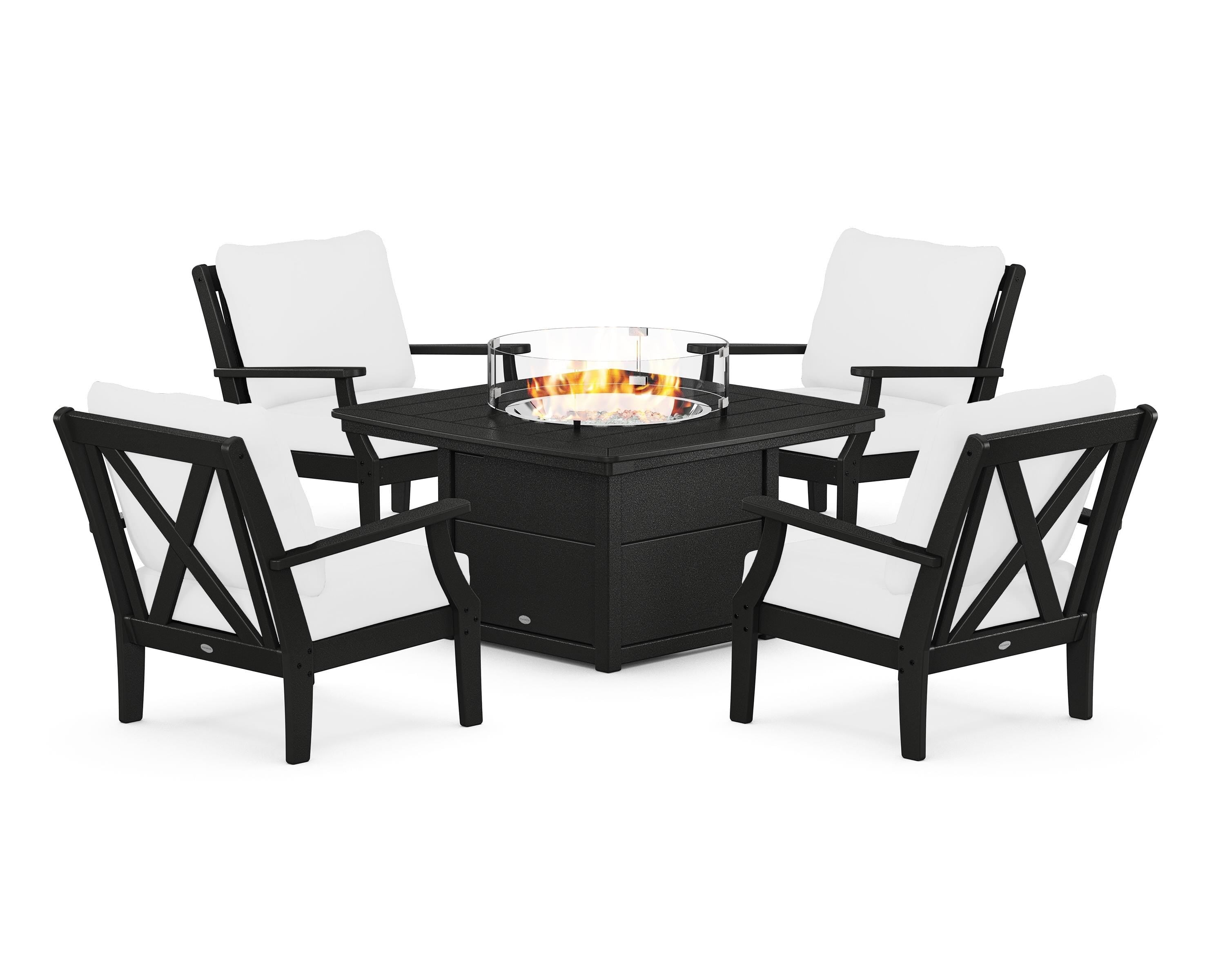 POLYWOOD® Braxton 5-Piece Deep Seating Conversation Set with Fire Pit Table in Black / Natural