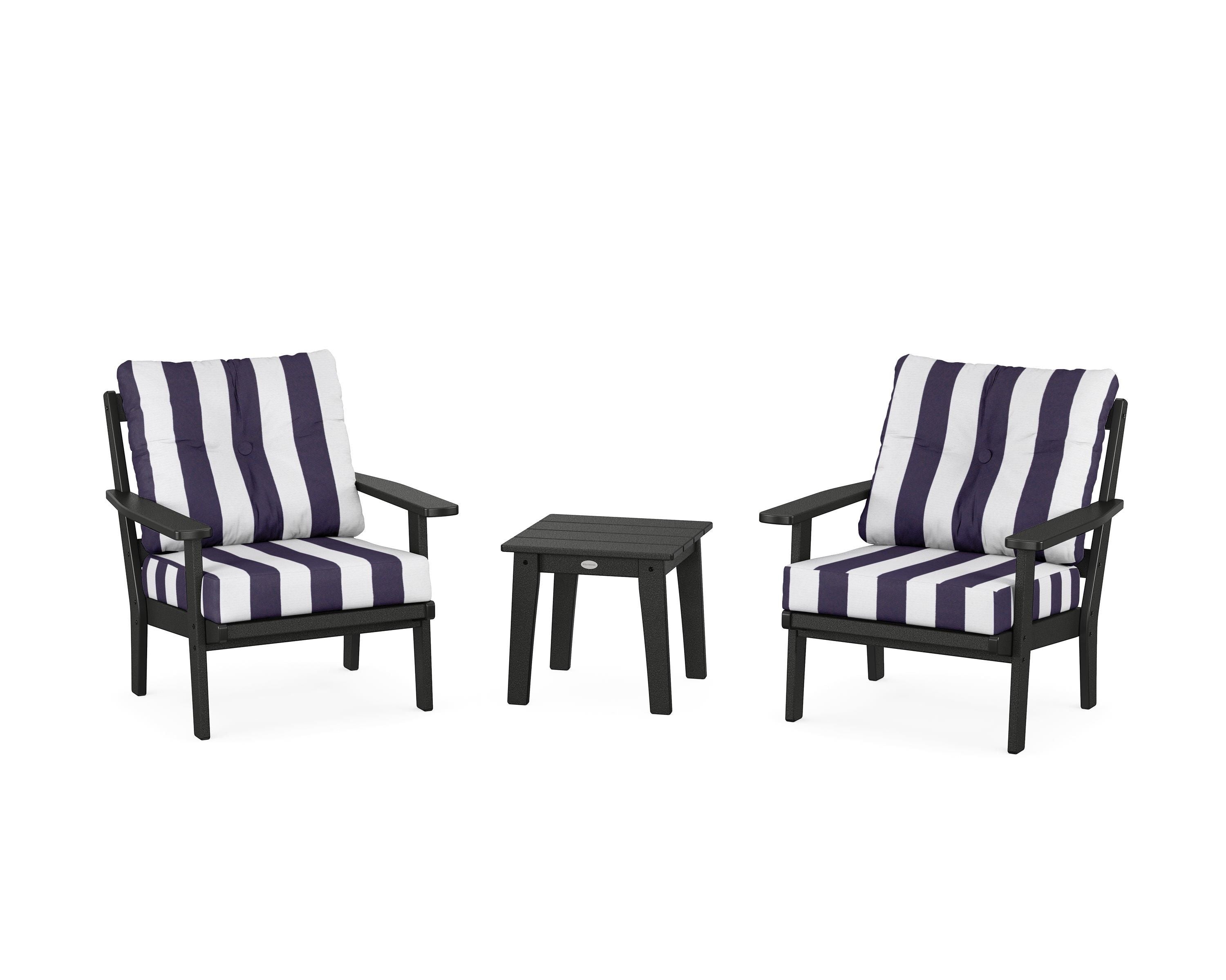POLYWOOD® Oxford 3-Piece Deep Seating Set in Black / Cabana Stripe Navy