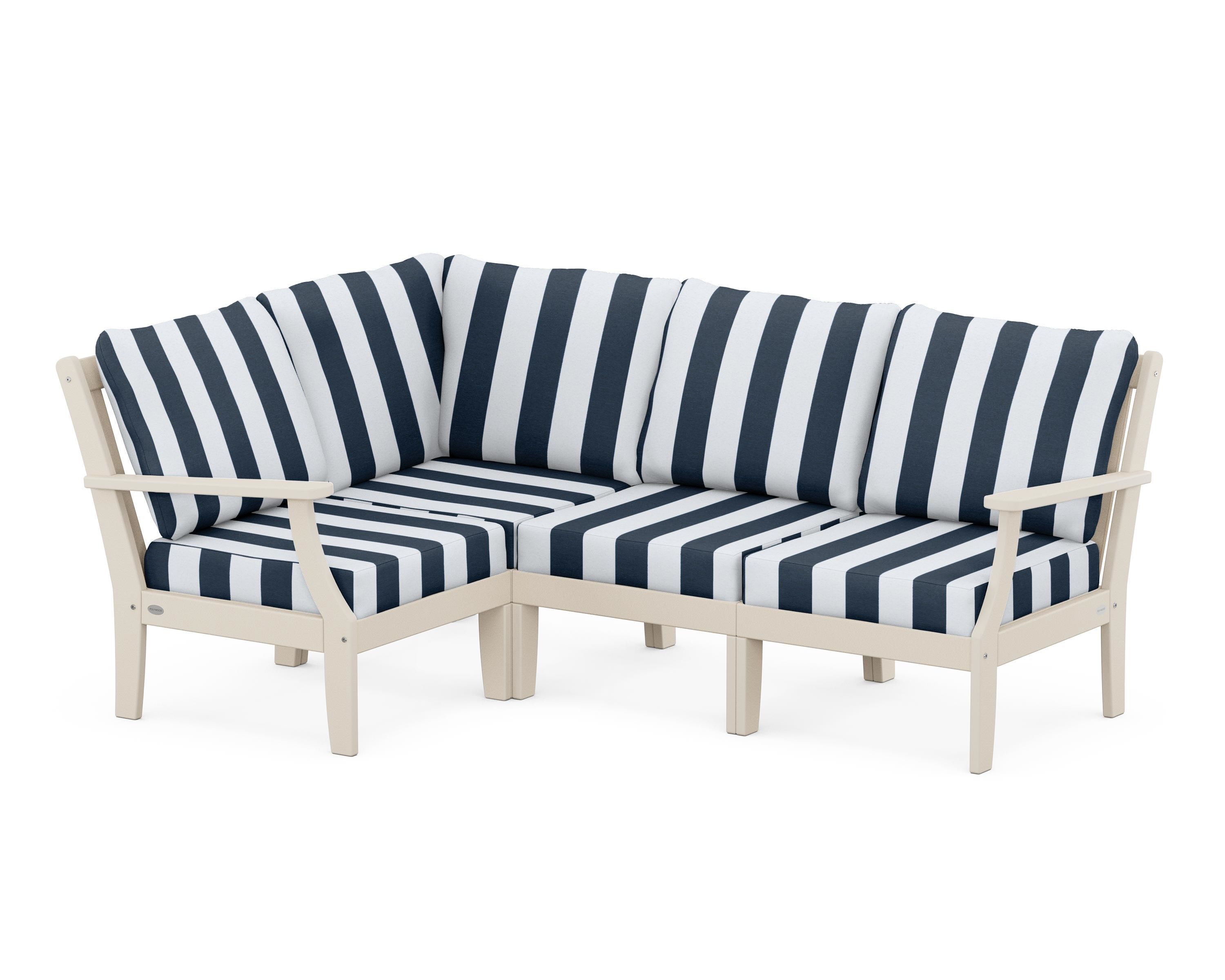 POLYWOOD® Braxton Modular 4-Piece Deep Seating Set in Sand / Cabana Stripe Marine Indigo