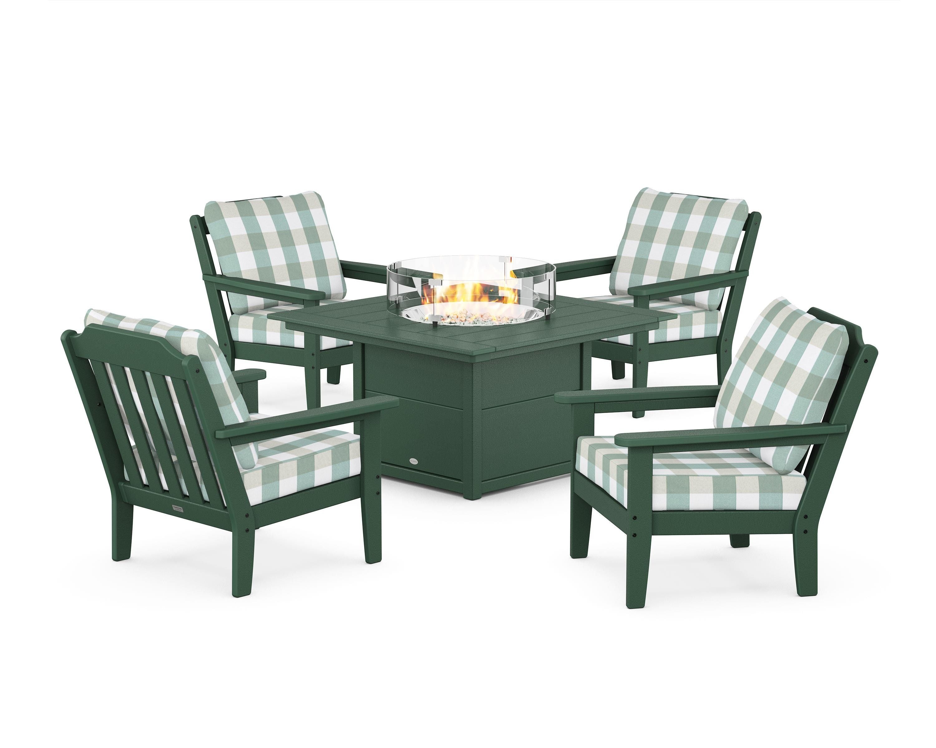 Country Living Cottage 5-Piece Deep Seating Set with Fire Pit Table in Green / Buffalo Plaid Glacier Spa