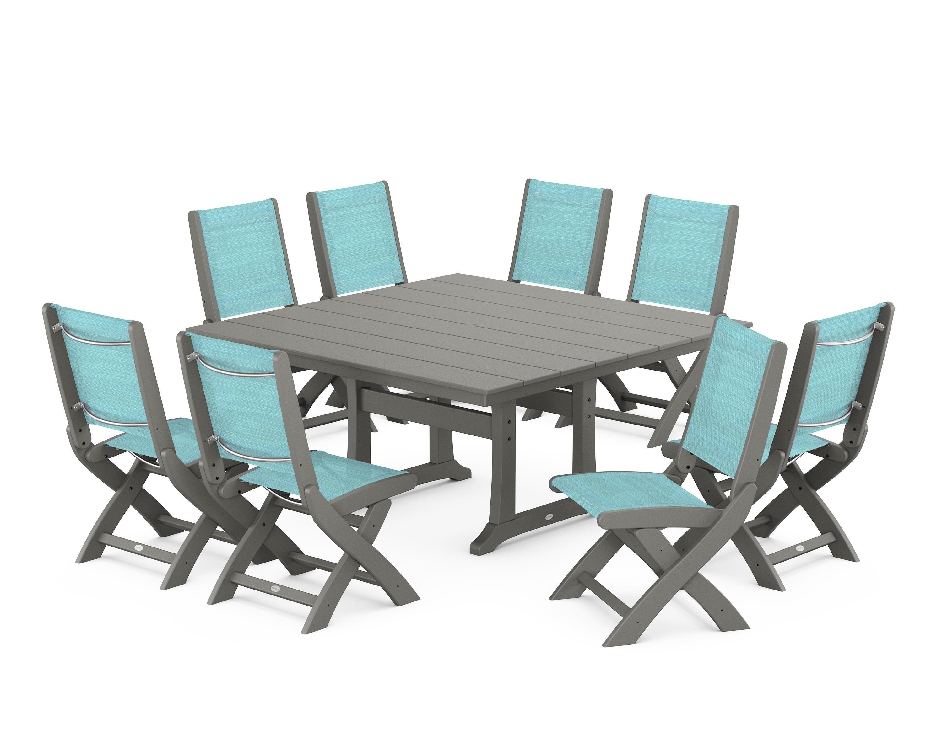 POLYWOOD® Coastal Folding Side Chair 9-Piece Farmhouse Dining Set in Slate Grey / Dupioni Aquamarine Sling
