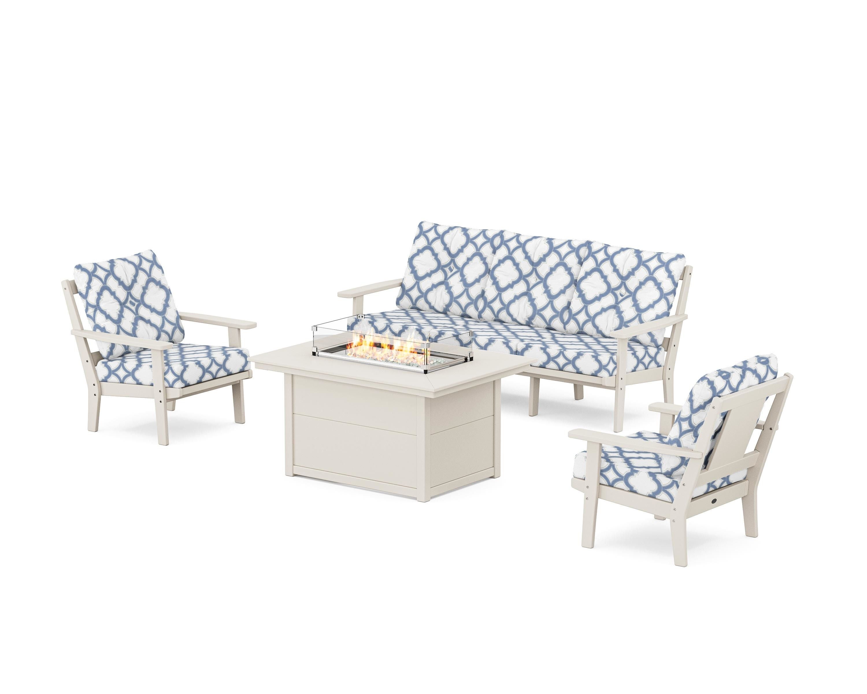 POLYWOOD® Prairie Deep Seating Fire Pit Table Set in Sand / Trellis Sky Blue