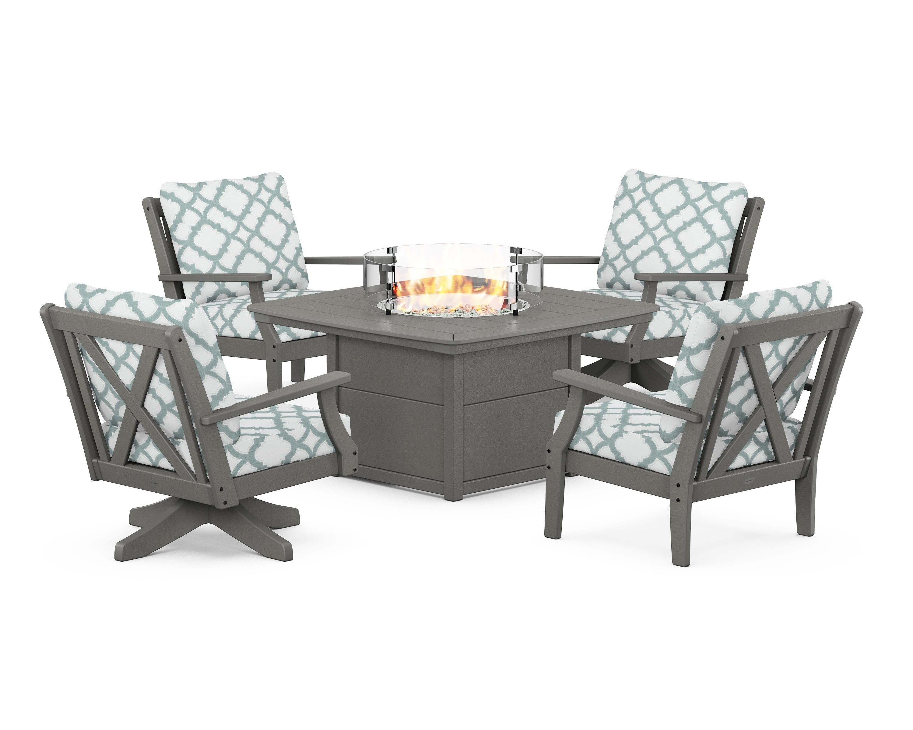 POLYWOOD® Braxton 5-Piece Deep Seating Set with Fire Table in Slate Grey / Trellis Glacier Spa