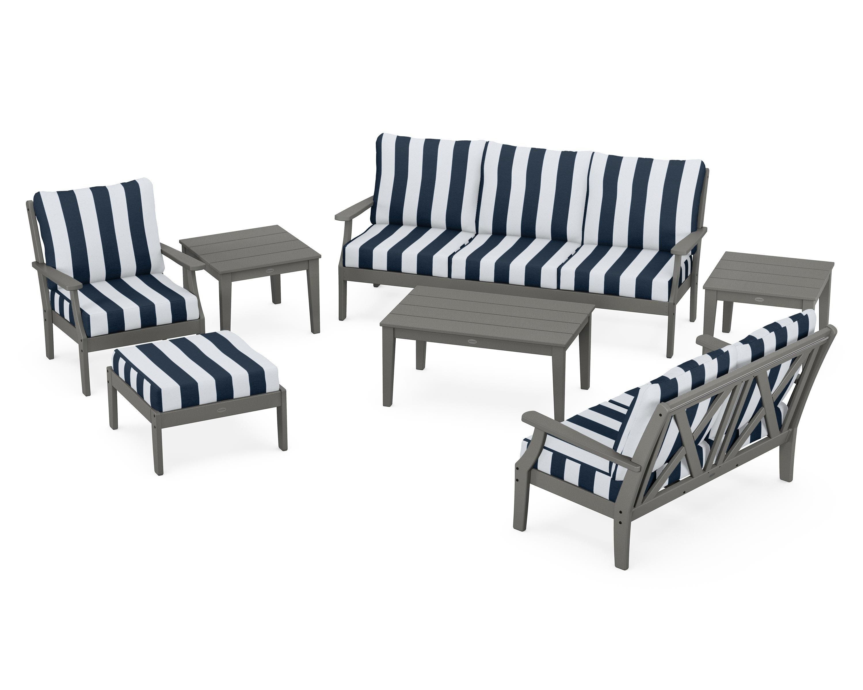 POLYWOOD® Braxton 7-Piece Deep Seating Set in Slate Grey / Cabana Stripe Marine Indigo