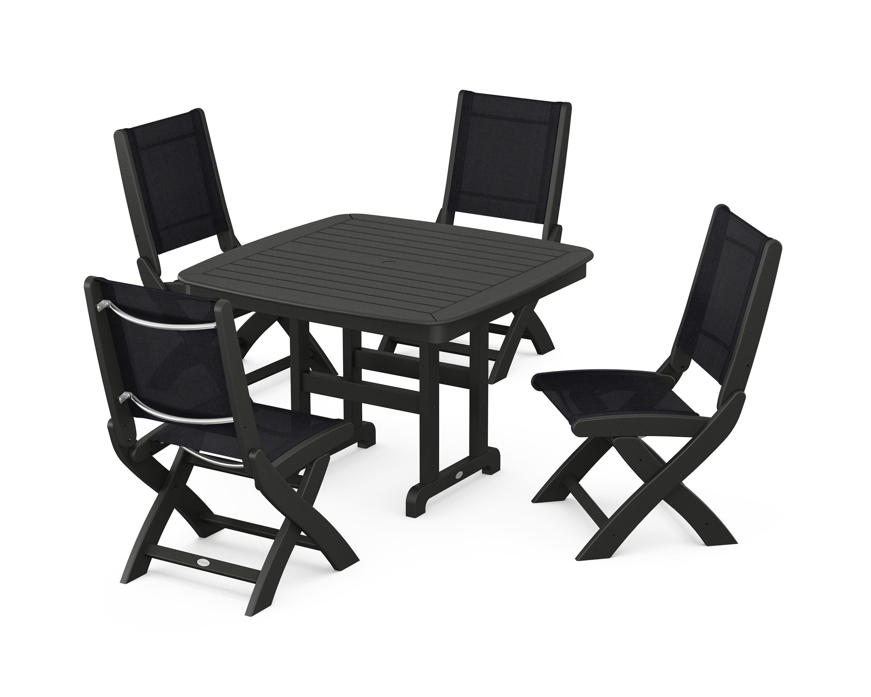 POLYWOOD® Coastal Folding Side Chair 5-Piece Dining Set in Black / Black Sling