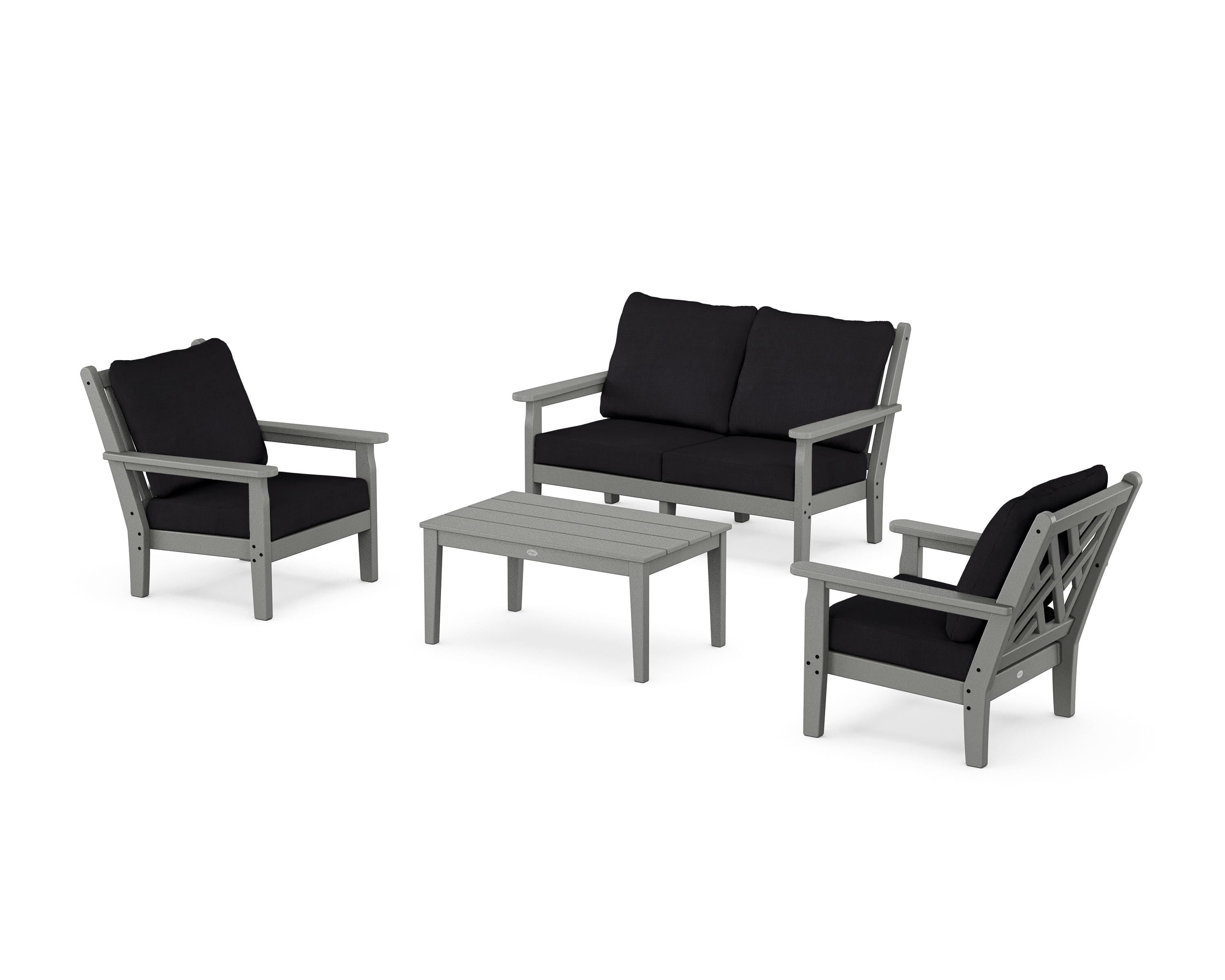 POLYWOOD® Chippendale 4-Piece Deep Seating Set with Loveseat in Slate Grey / Midnight Linen