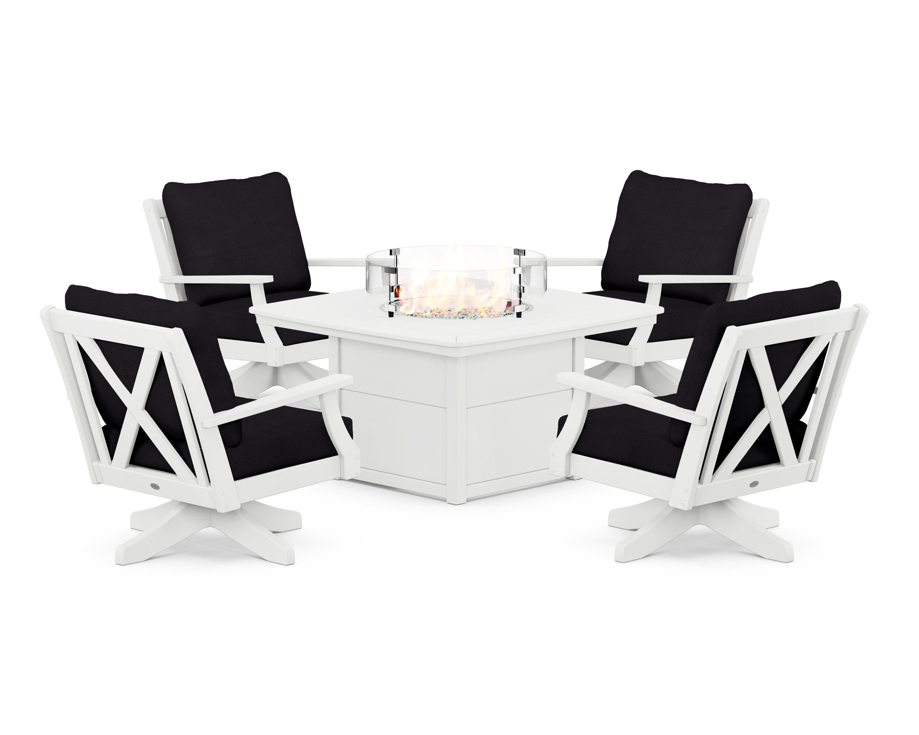 POLYWOOD® Braxton 5-Piece Deep Seating Swivel Conversation Set with Fire Pit Table in White / Midnight Linen