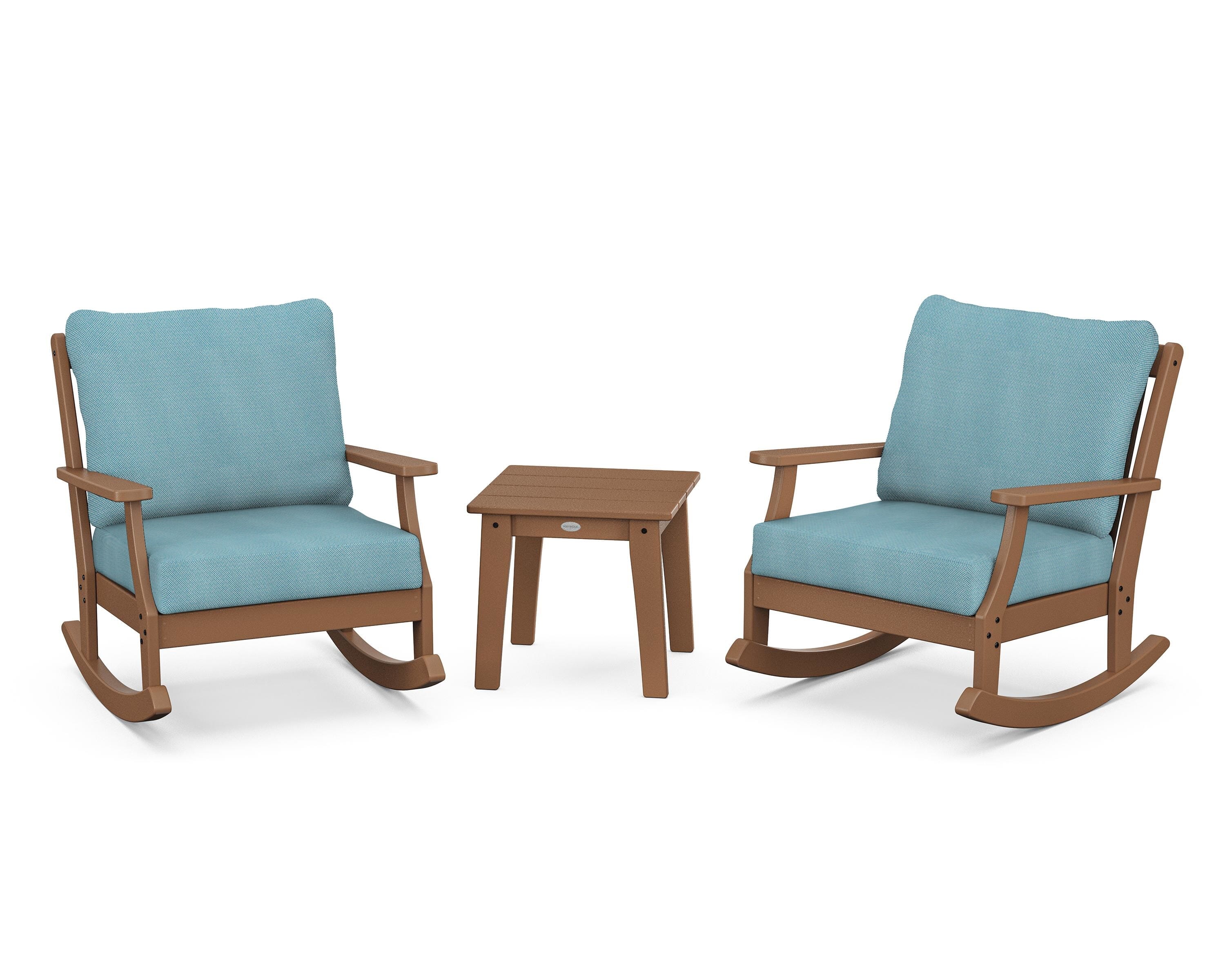 POLYWOOD® Braxton 3-Piece Deep Seating Rocker Set in Teak / Lattice Sky Blue