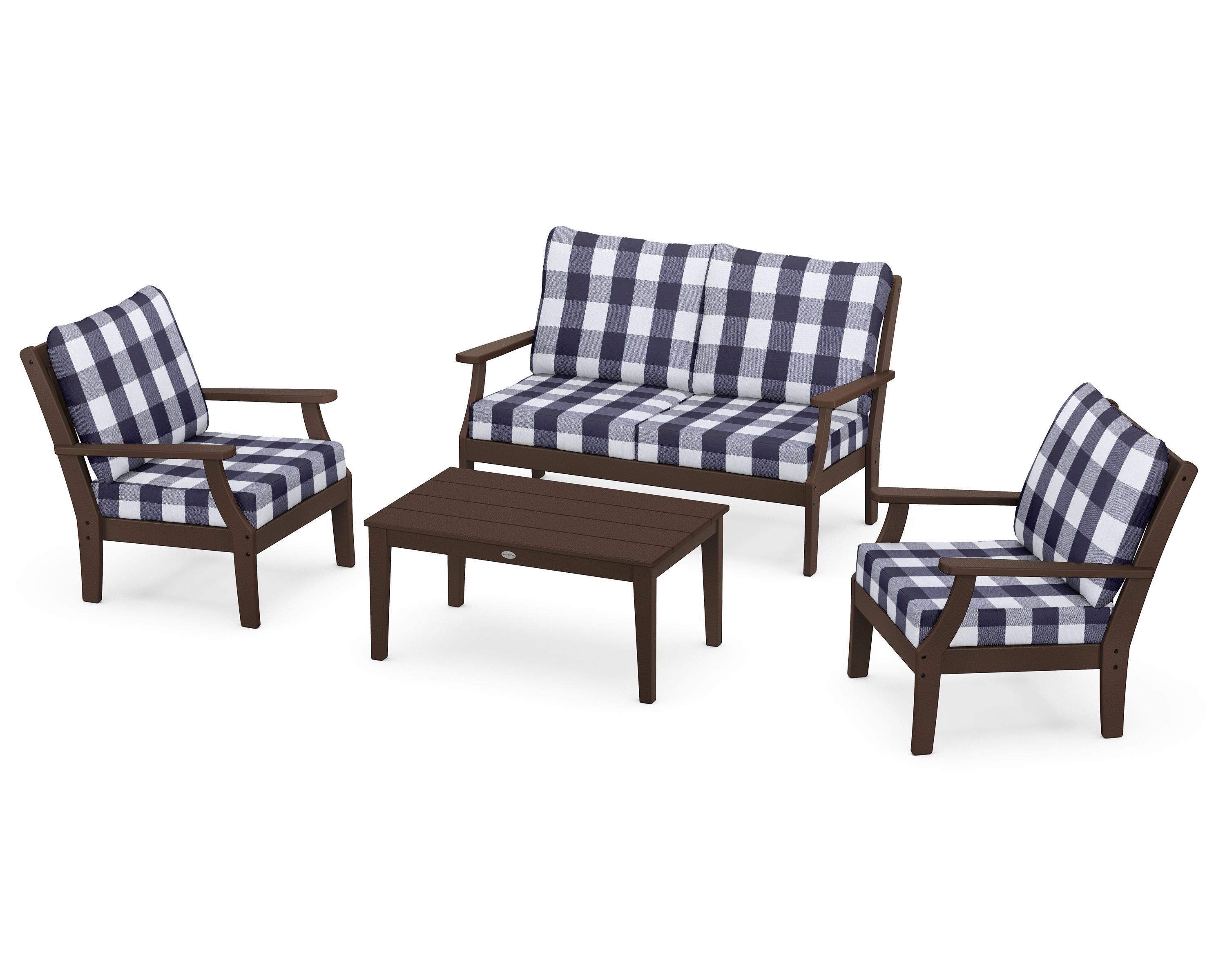 POLYWOOD® Braxton 4-Piece Deep Seating Chair Set in Mahogany / Buffalo Plaid Navy